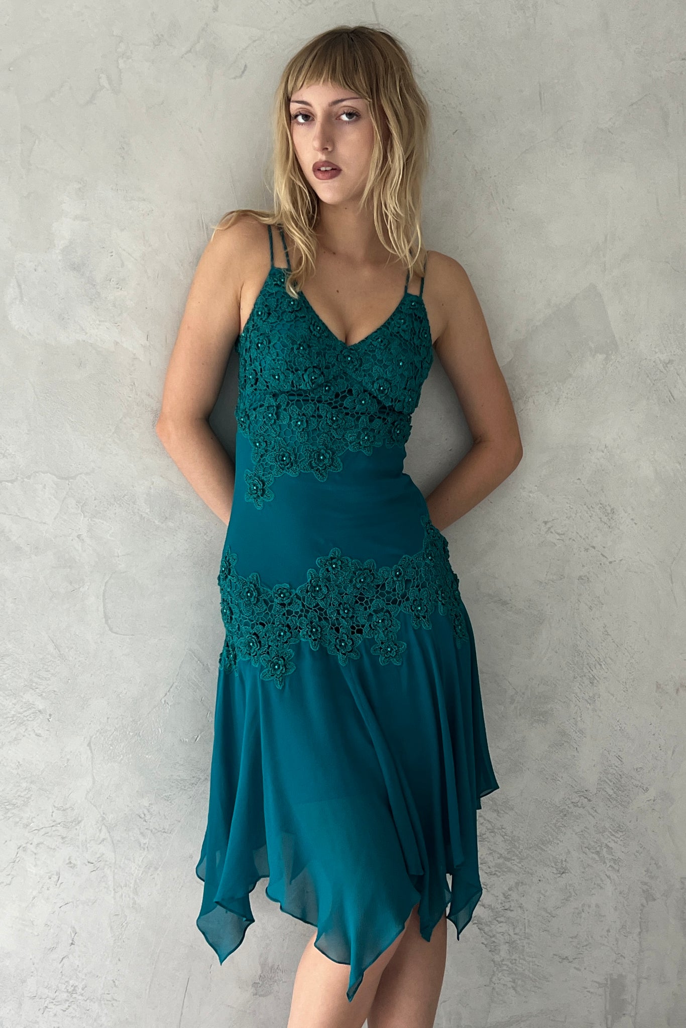 Sue Wong Teal Blue Silk Rosette Dress