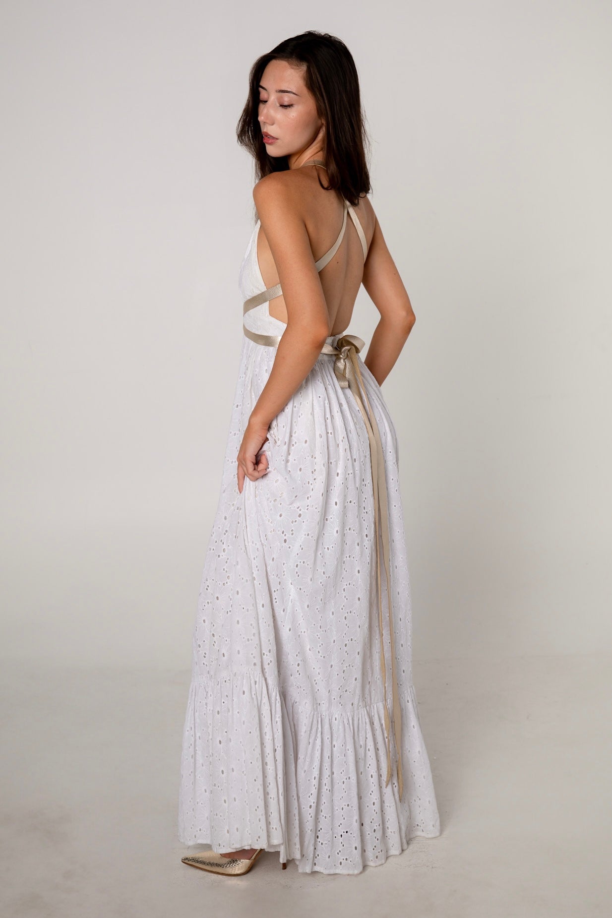 White Cotton Eyelet Halter Maxi Dress