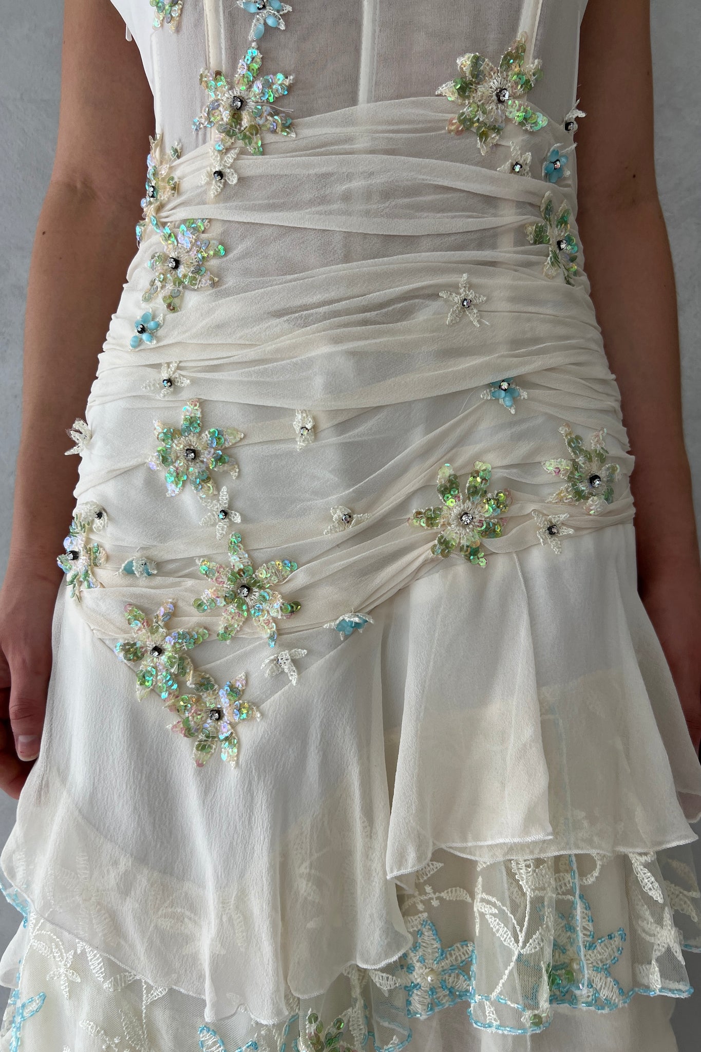 White Tiered Silk Chiffon Embellished Dress