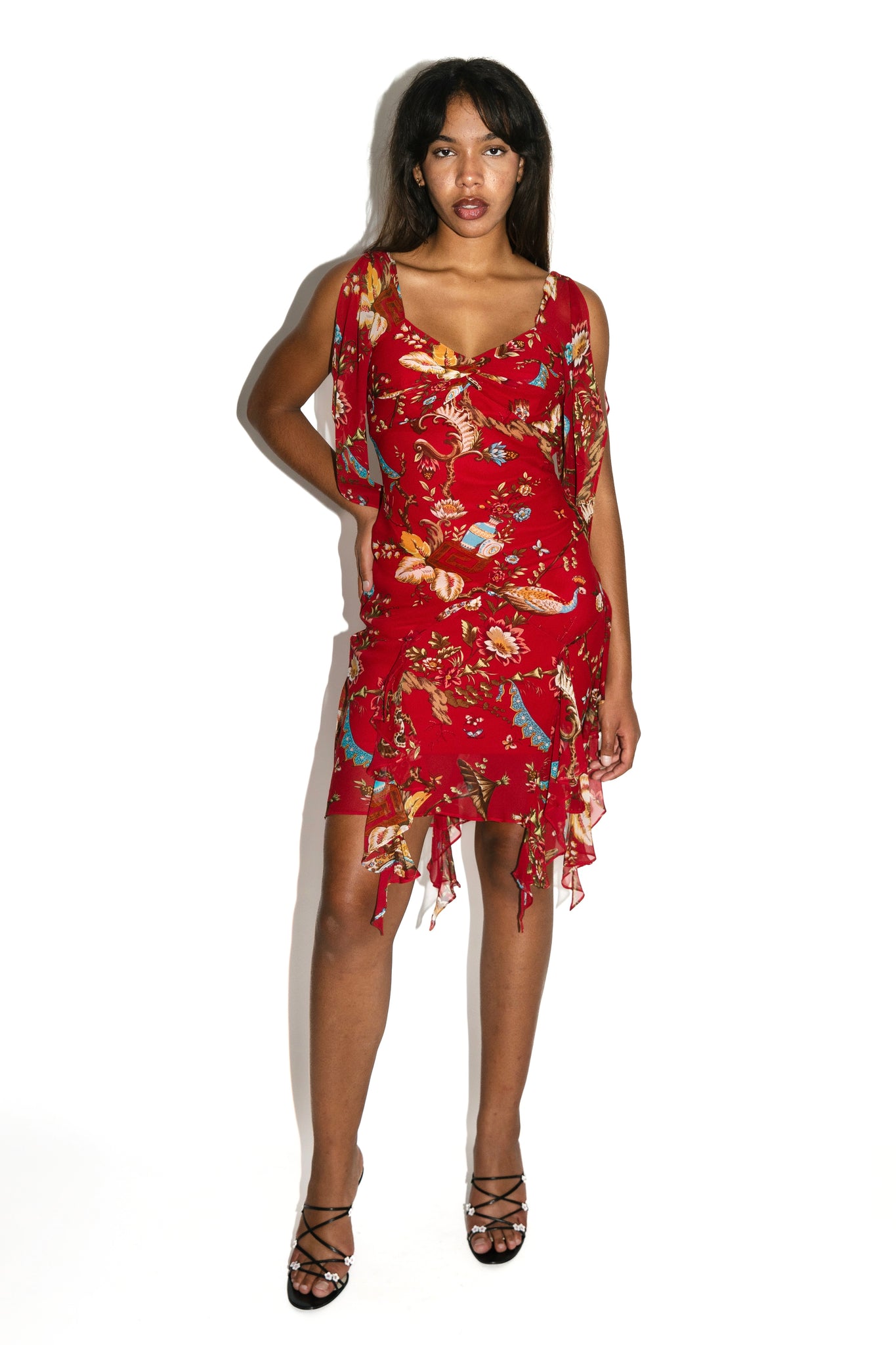 Sue Wong Red Floral Printed Silk Flutter Sleeve Ruffle Dress