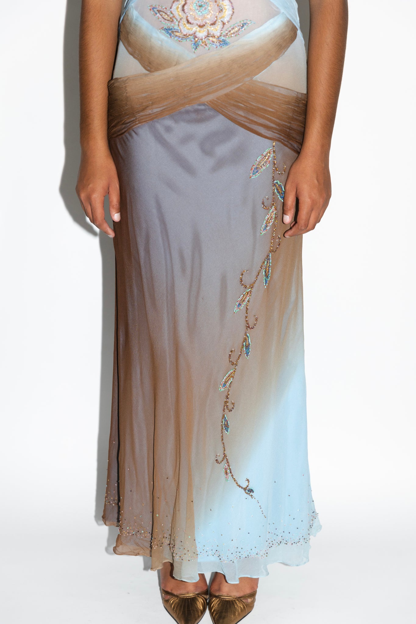 Blue & Brown Ombré Silk Chiffon Paneled Mesh Beaded Gown