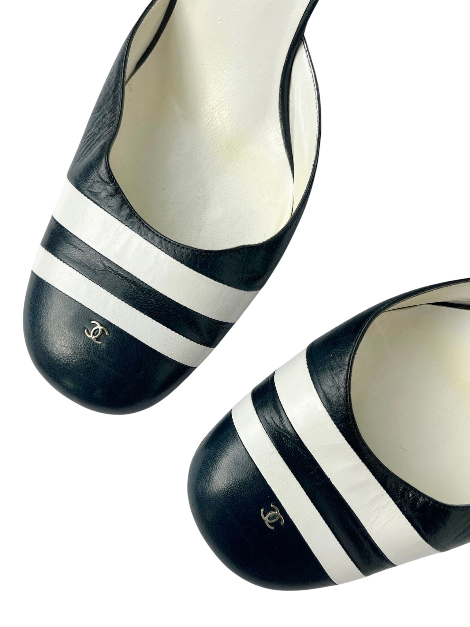 Chanel Navy & White Stripe Ankle Strap Heels - 40