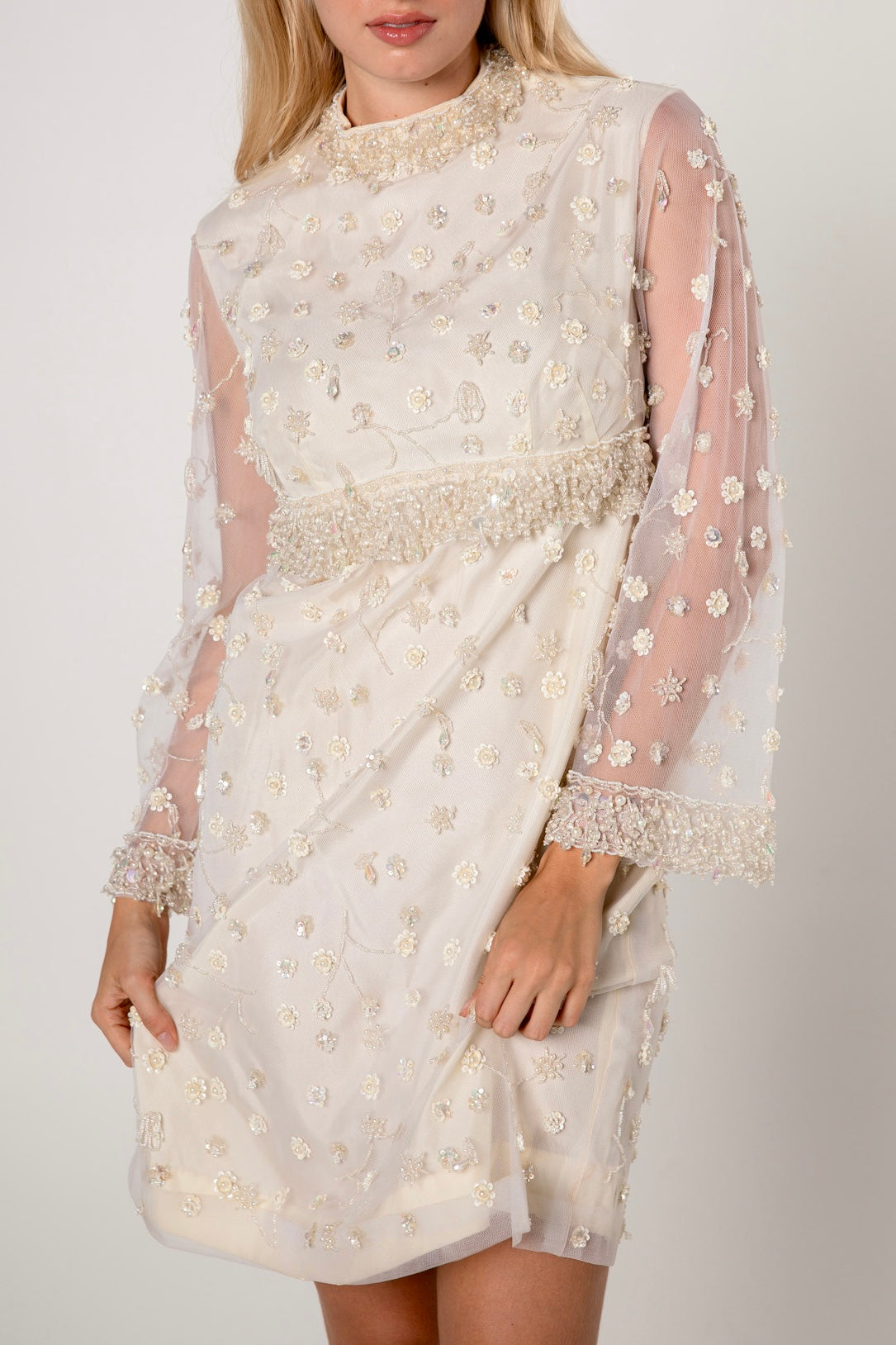 1960s Ivory Embellished Cocktail Shift Dress