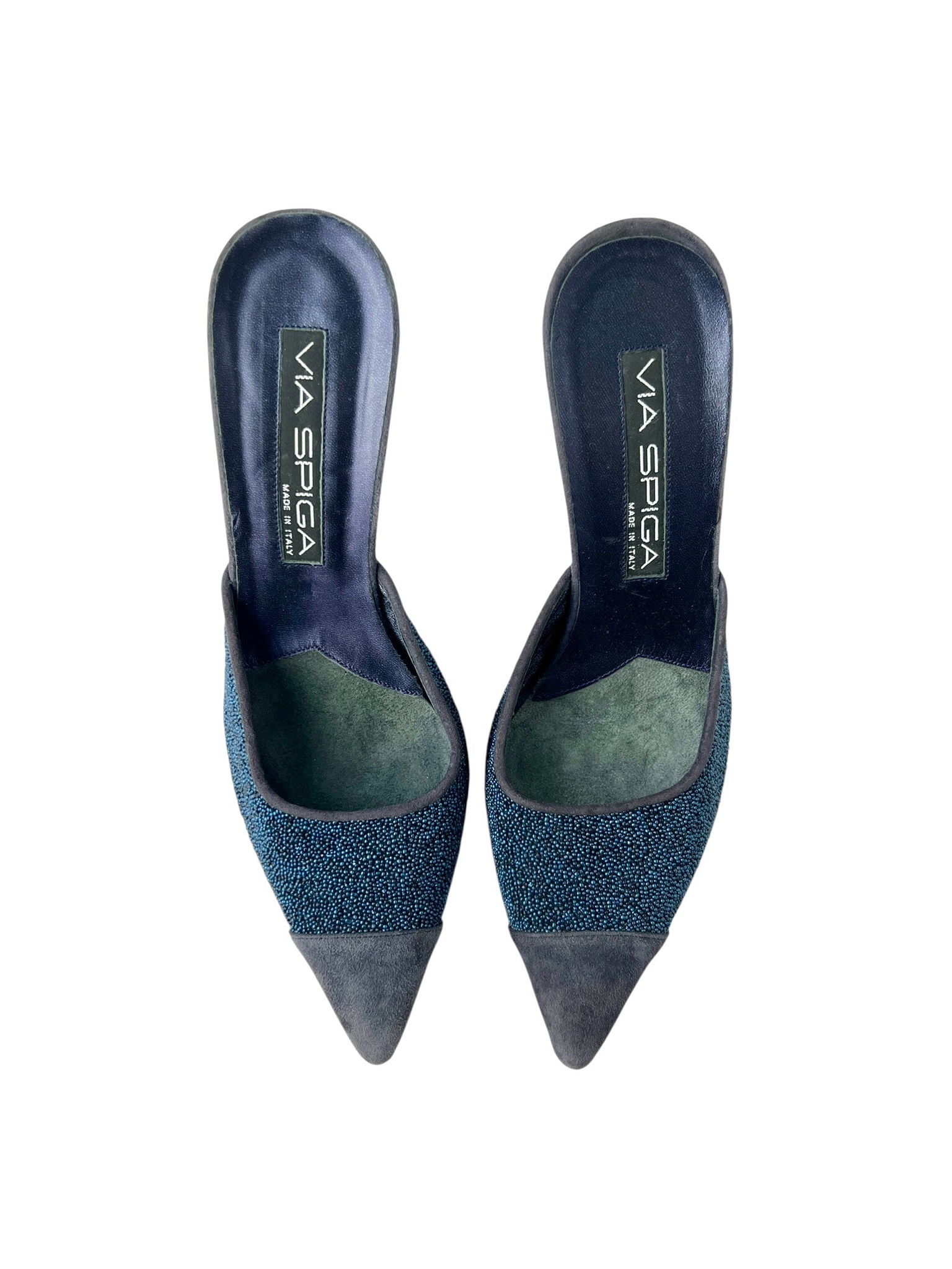 Blue Beaded Suede Leather Heeled Mules - 7