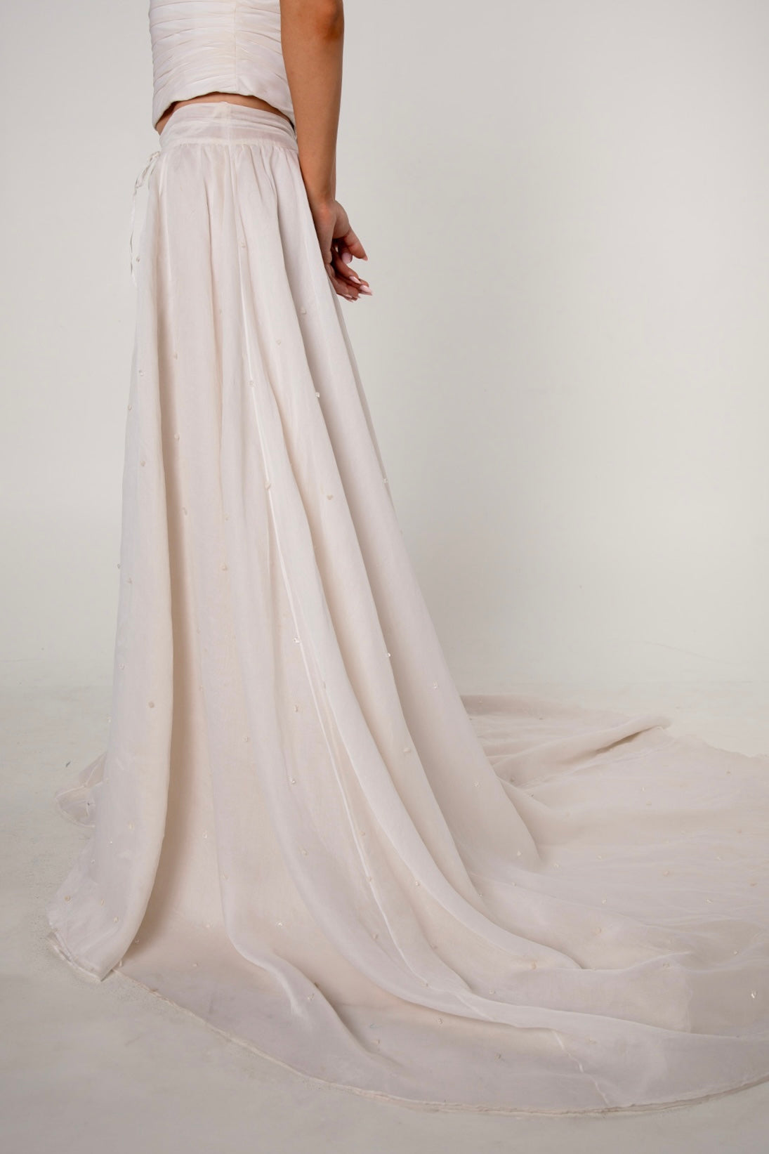 White Silk Embellished Drawstring Ballgown Skirt