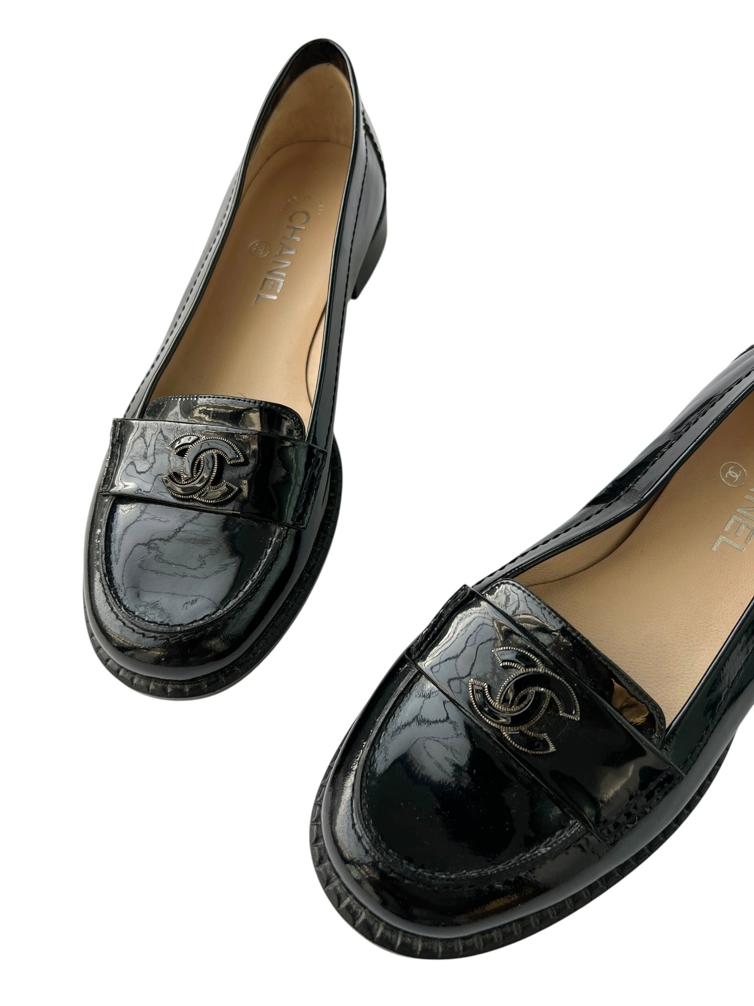 Chanel Interlocking CC Black Patent Leather Loafers - 40