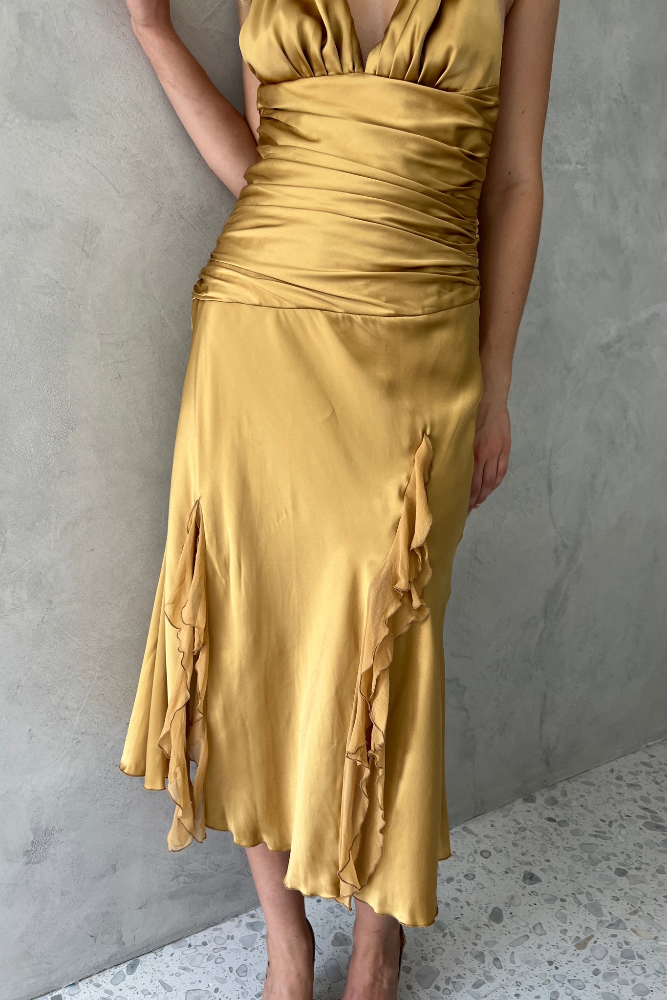 Cache Gold Silk Satin Halter Dress