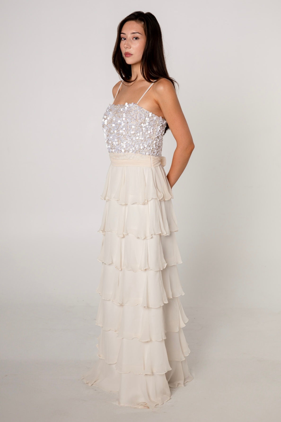 Ivory Silk Tiered Sequin Gown