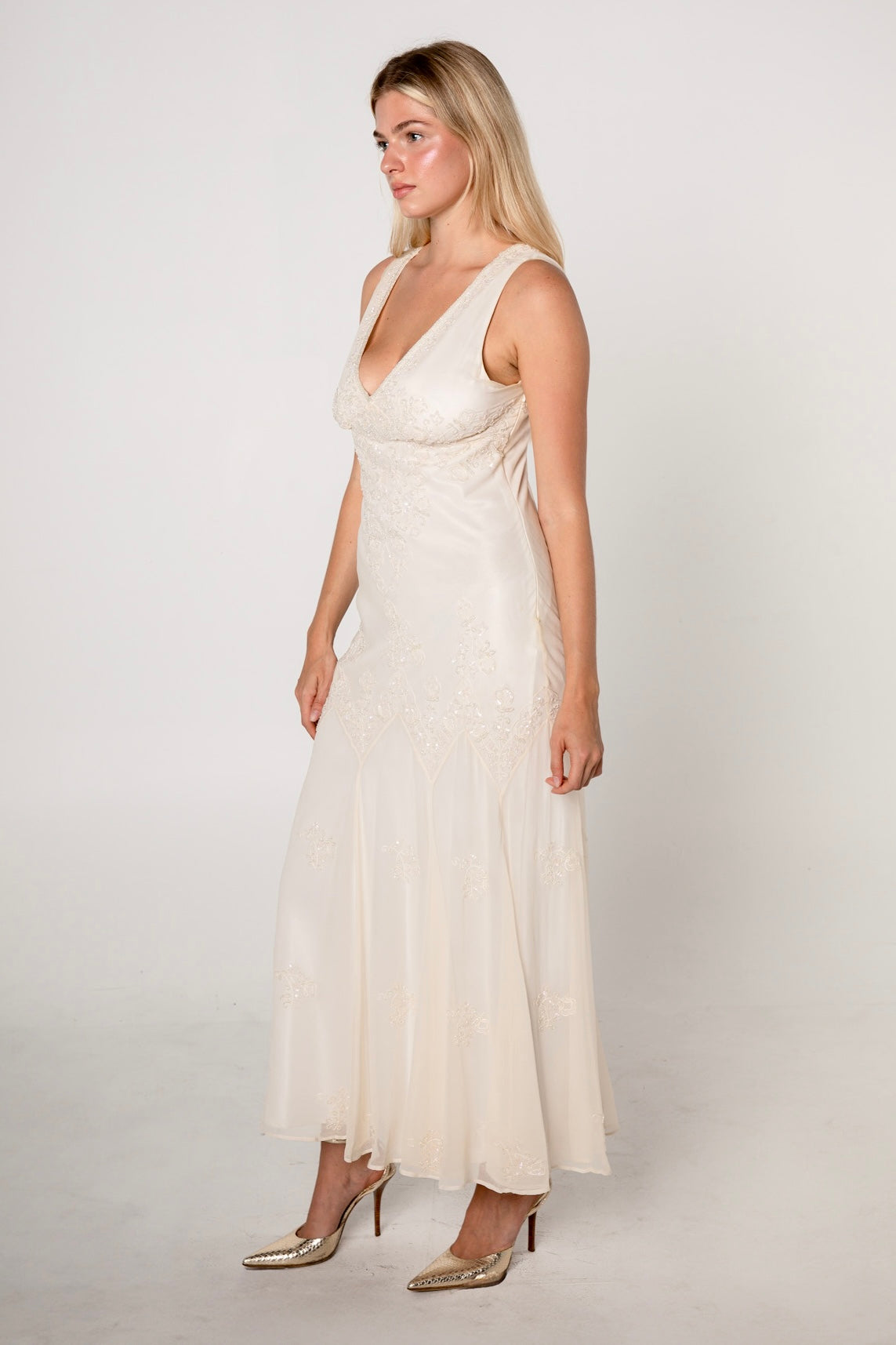 Ivory Silk Chiffon Beaded Gown