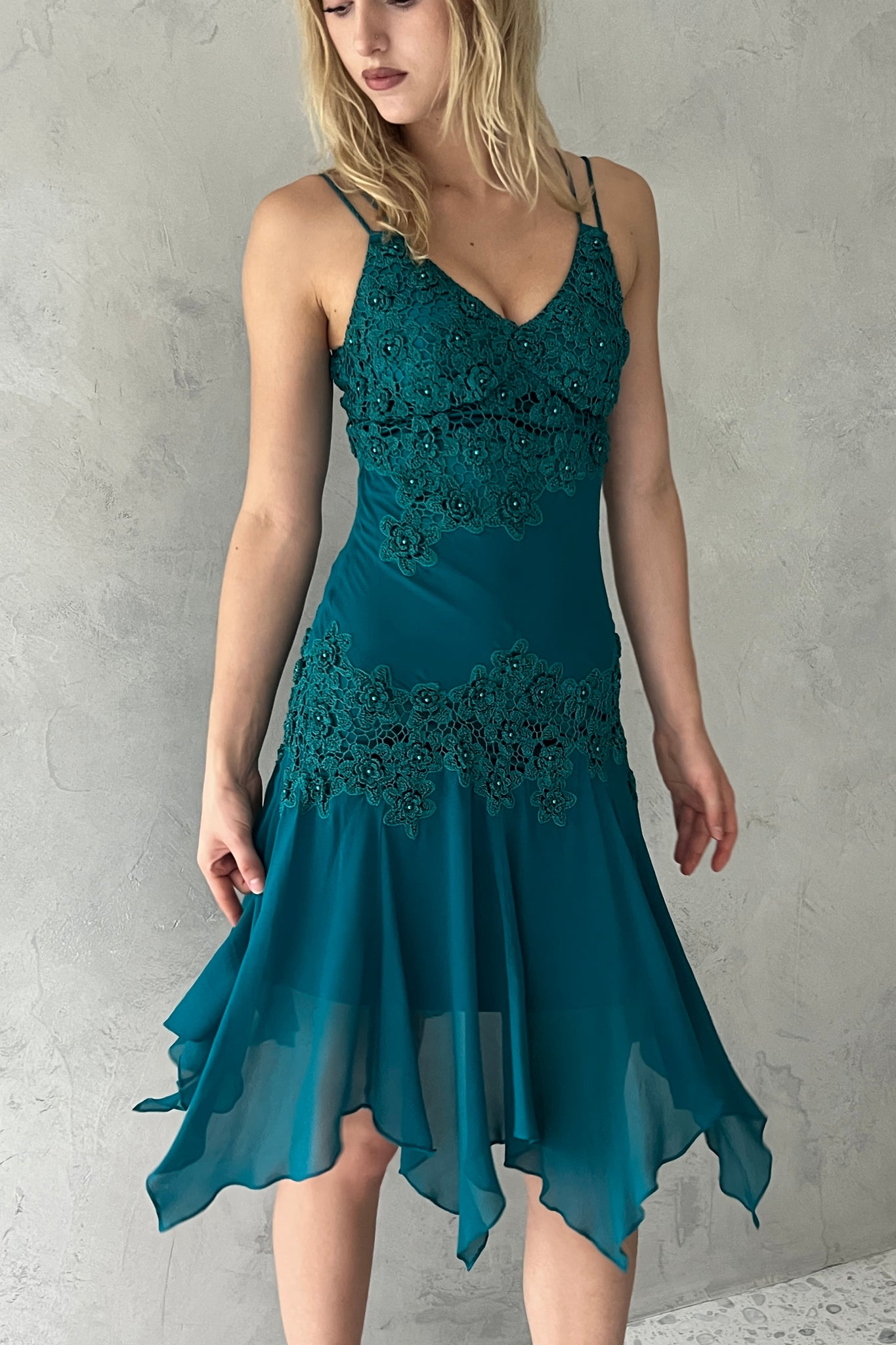 Sue Wong Teal Blue Silk Rosette Dress
