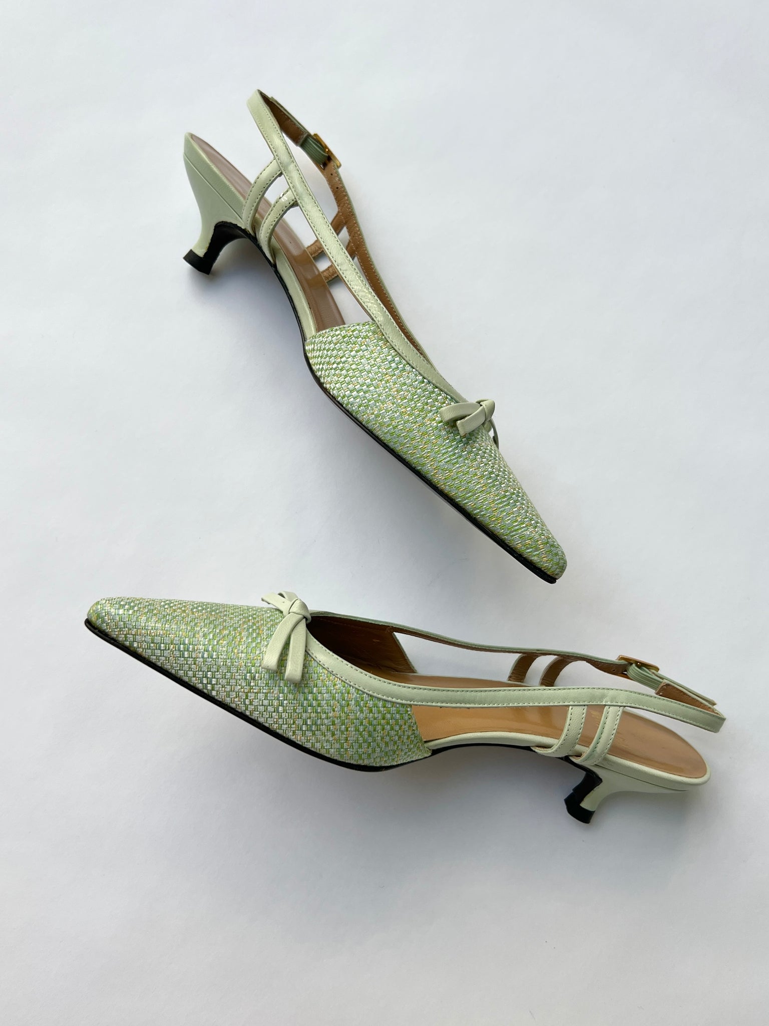 Stuart Weitzman Green Woven Canvas Slingback Heels - 5.5