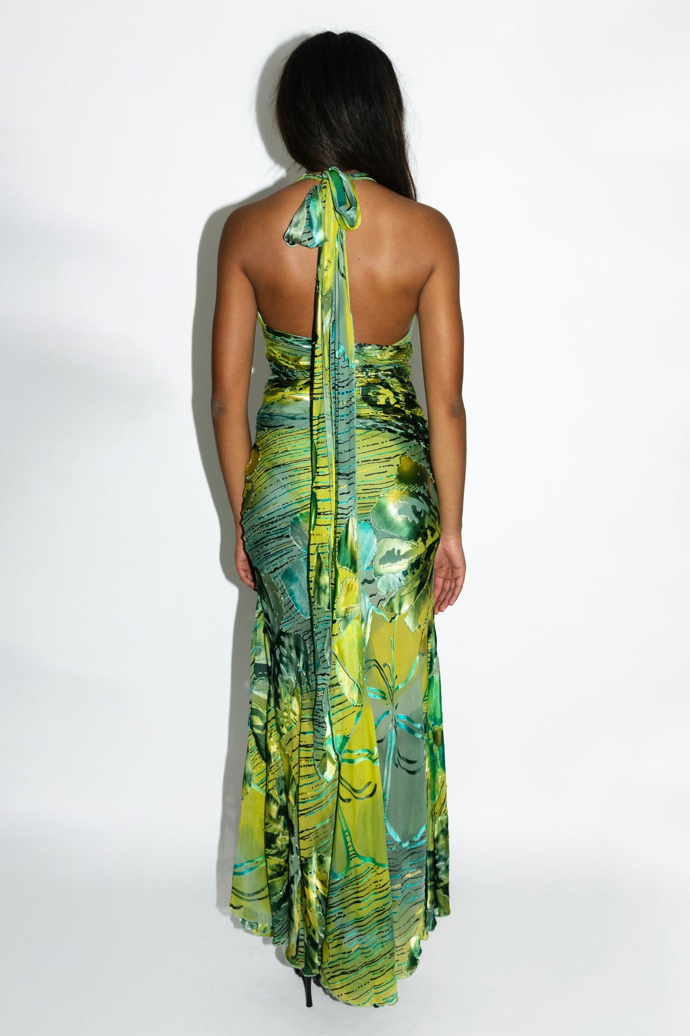 Green Silk Devoré Floral Ruffle Halter Dress