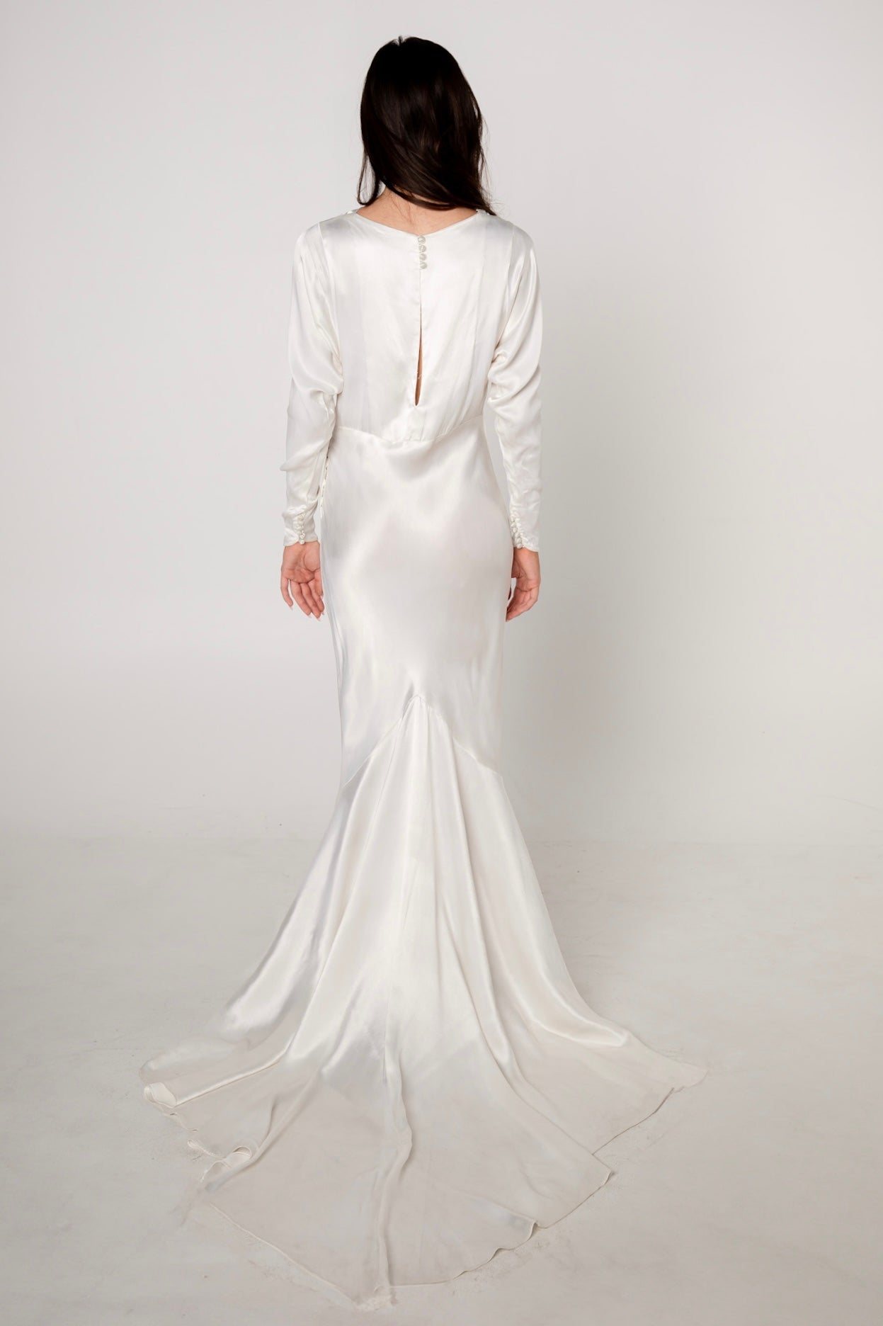 1930s White Satin Long Sleeve Wedding Gown