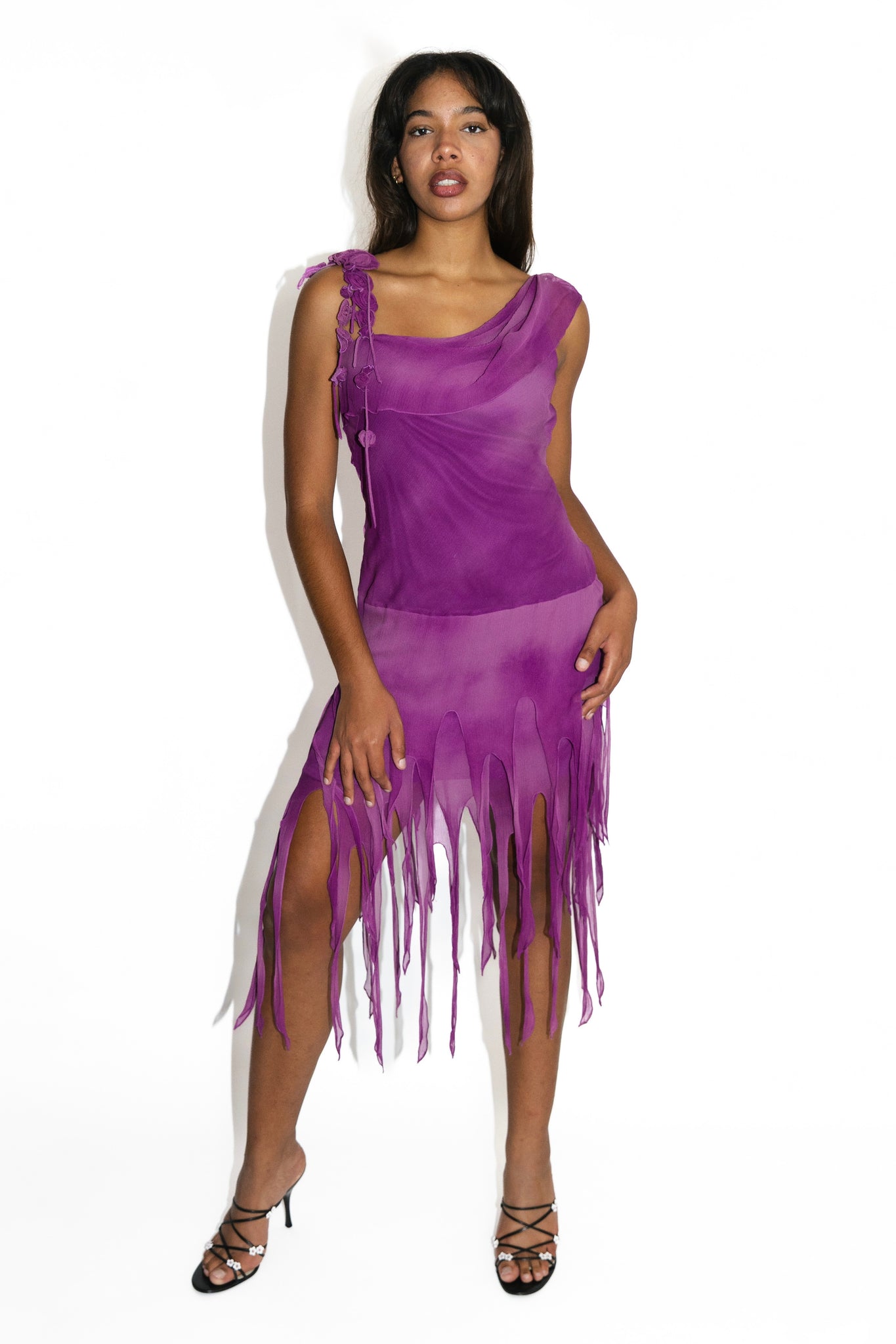 Ombré Purple Silk Fringe Rosette Dress