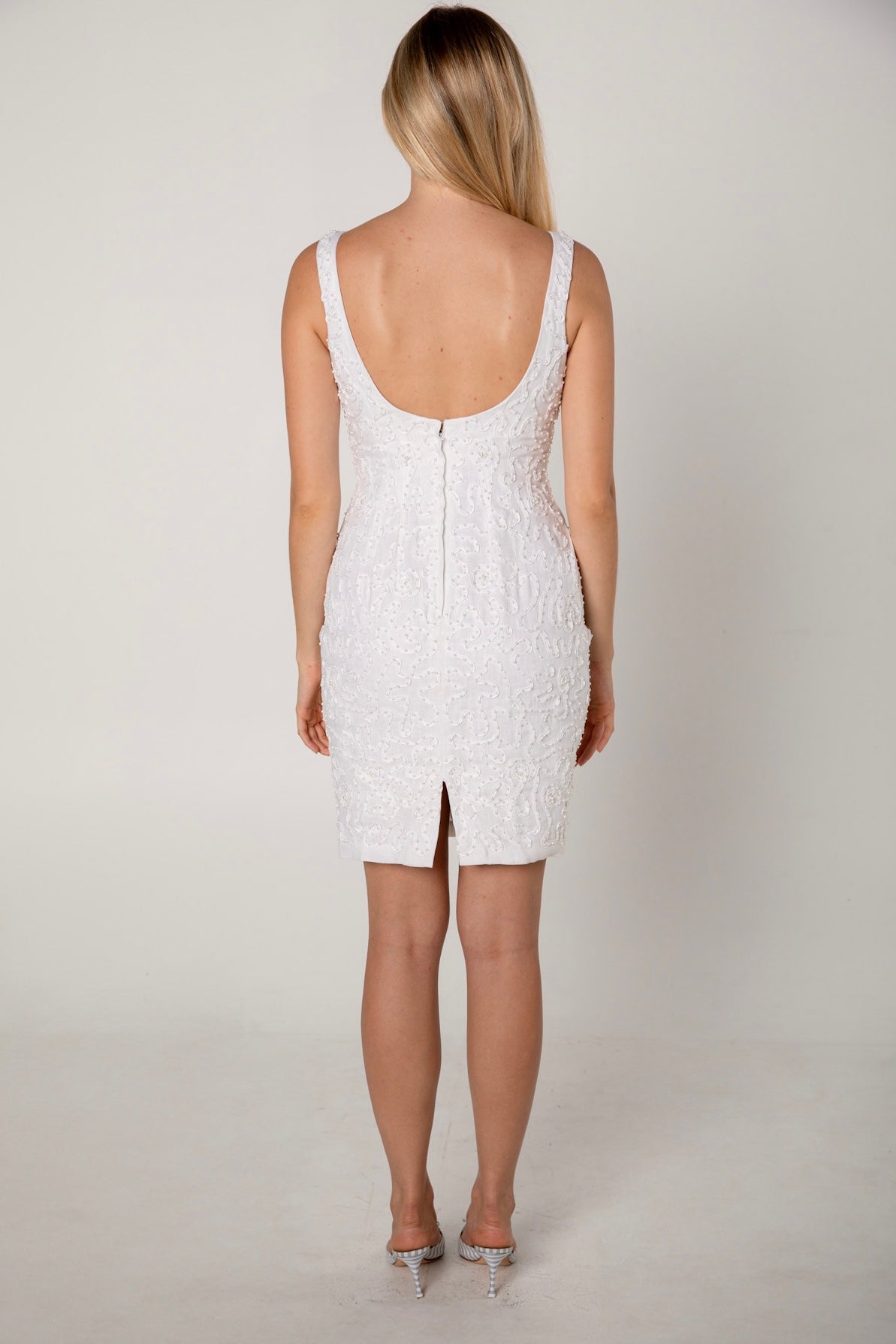 White Linen Pearl Beaded Cocktail Dress