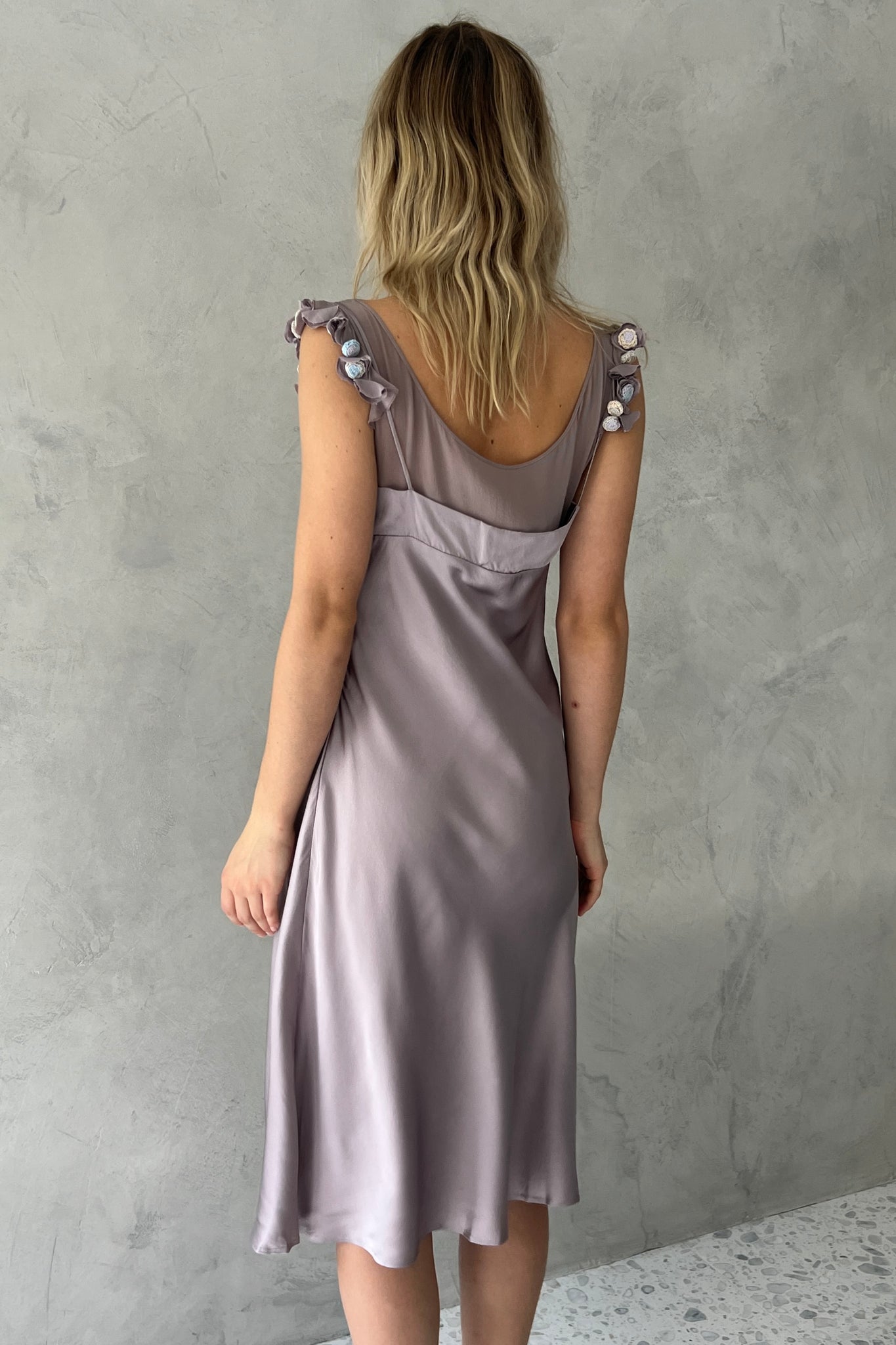 Moschino Lavender Silk Rosette Dress