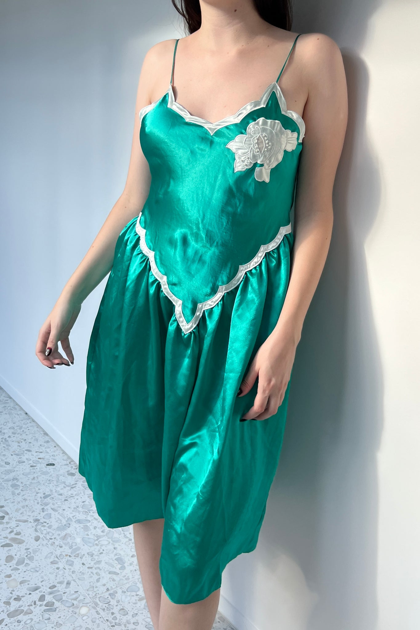 1980s Victoria’s Secret Green Satin Scallop Nightgown