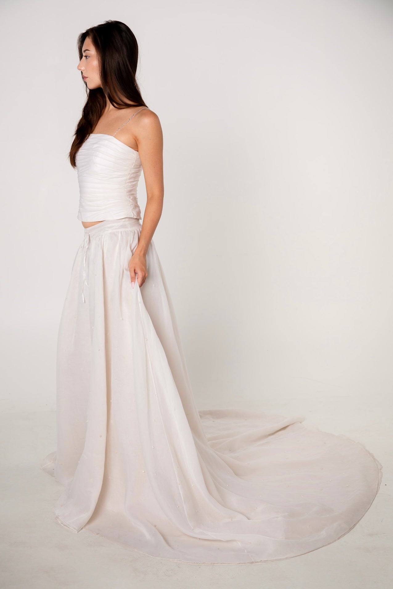 White Silk Embellished Drawstring Ballgown Skirt