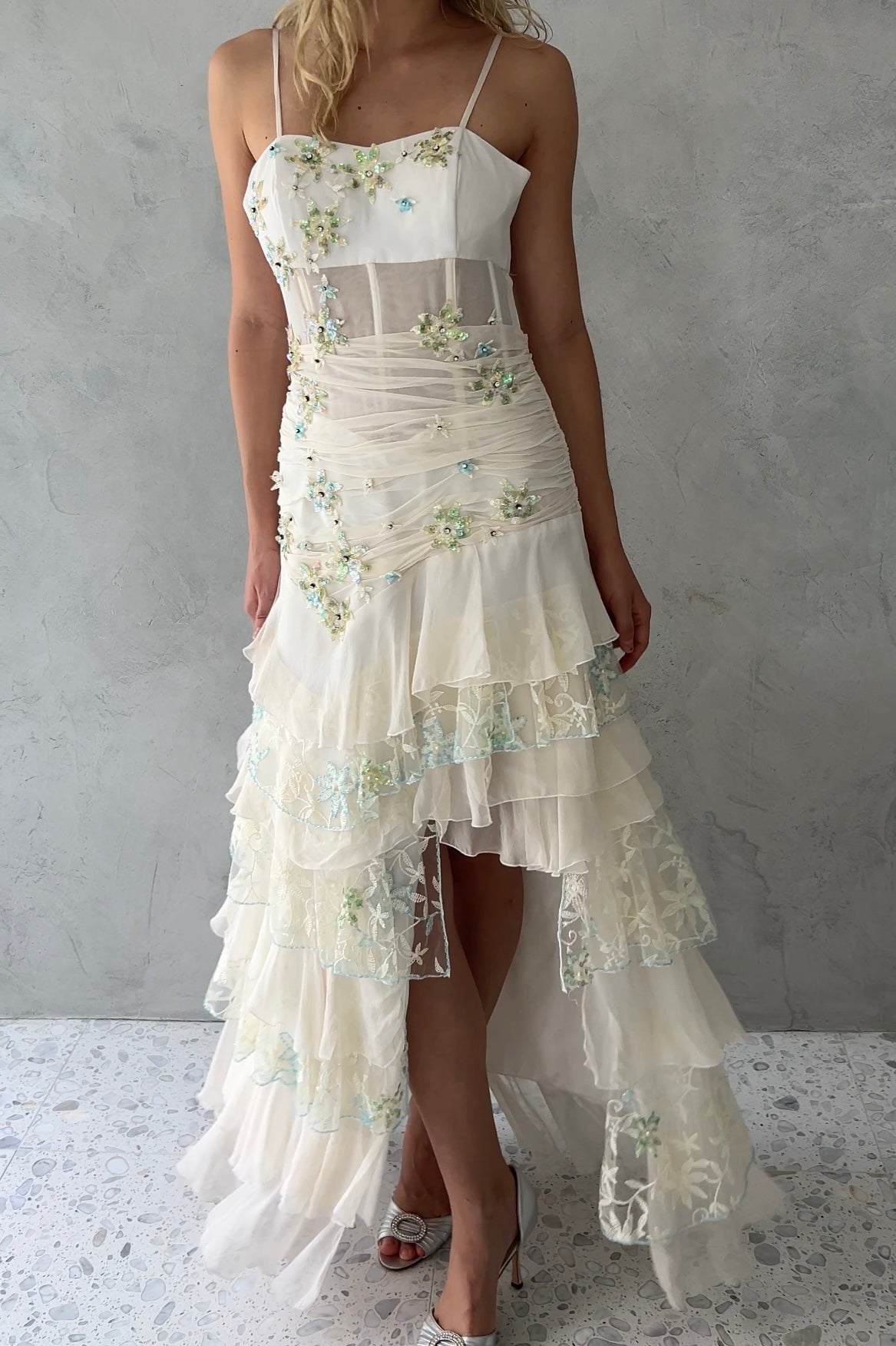 White Tiered Silk Chiffon Embellished Dress