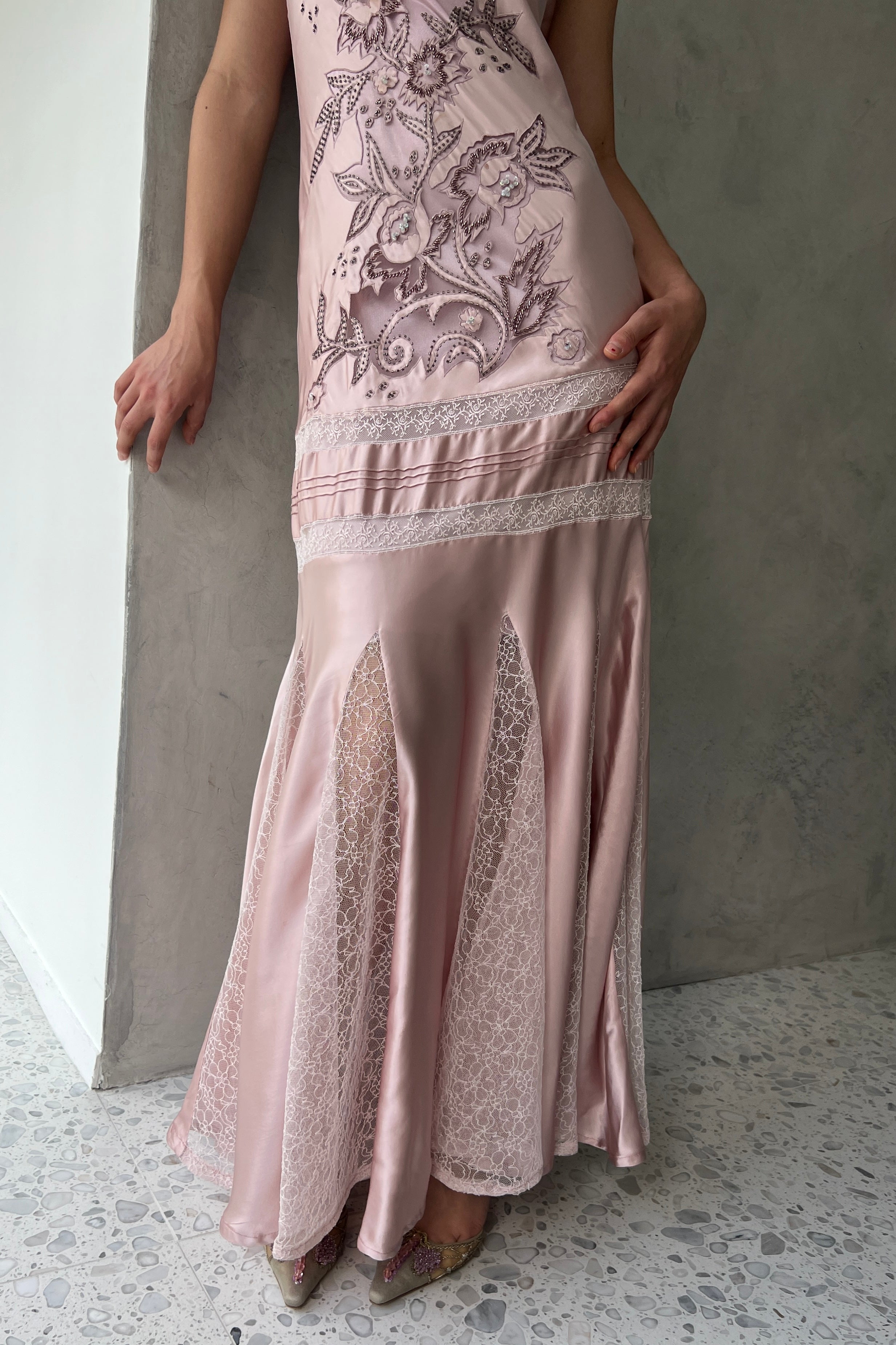 sue wong pink dress Vintage 90s Y2K Sue Wong Floral Mesh Beaded Silk Slip Dress Rose Pink Size 6