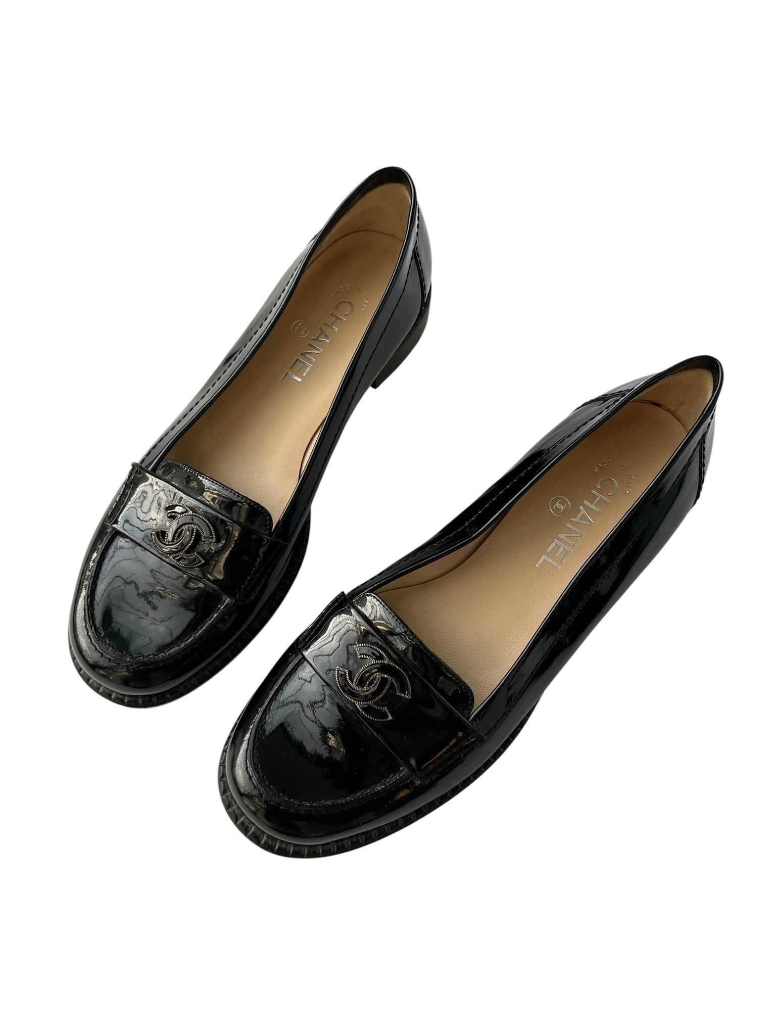 Chanel Interlocking CC Black Patent Leather Loafers - 40