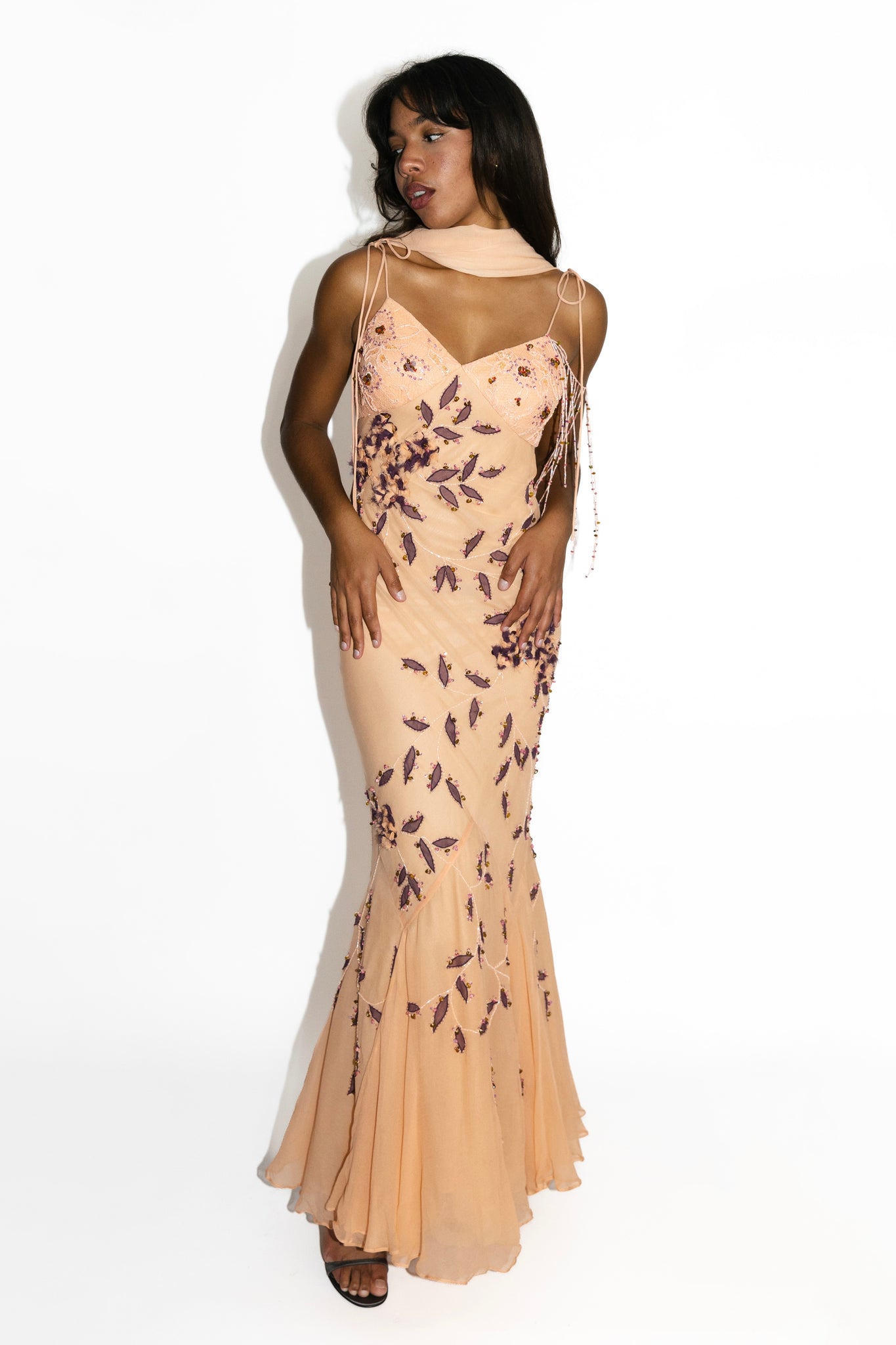 Light Peach Beaded Silk Petal Gown