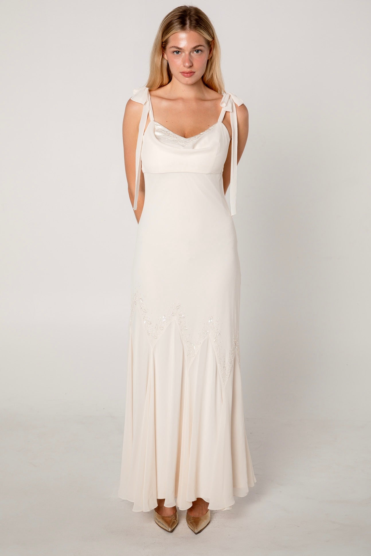 Ivory Chiffon Cowl Neck Beaded Gown