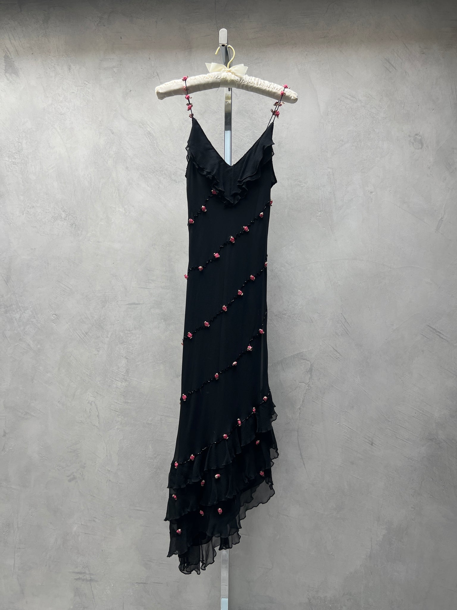 Black Silk Rosette Ruffle Dress
