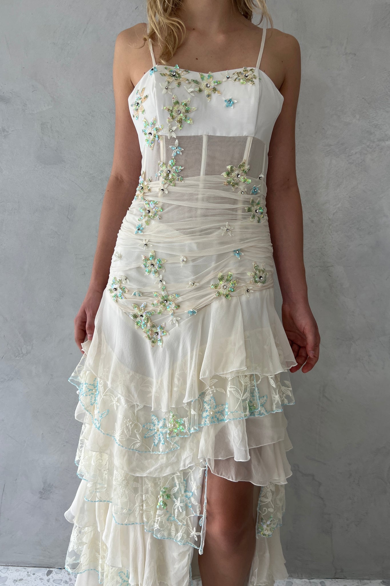 White Tiered Silk Chiffon Embellished Dress