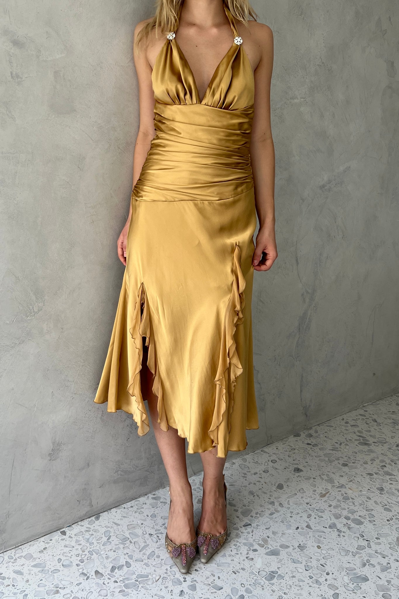 Cache Gold Silk Satin Halter Dress