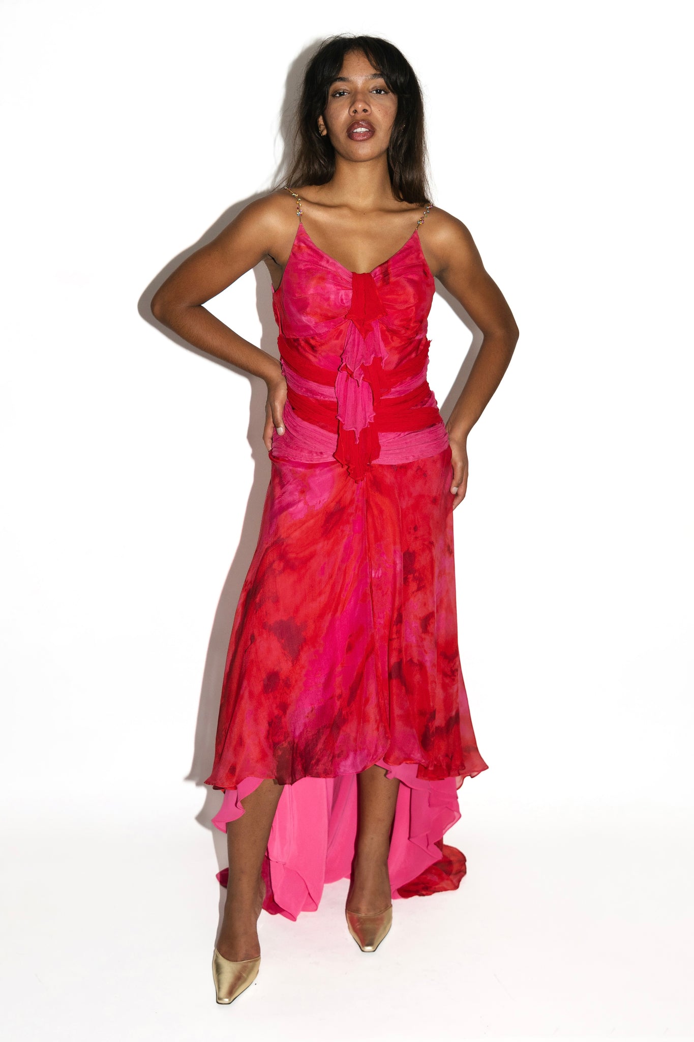 Red & Pink Printed Silk Chiffon High-Low Gown