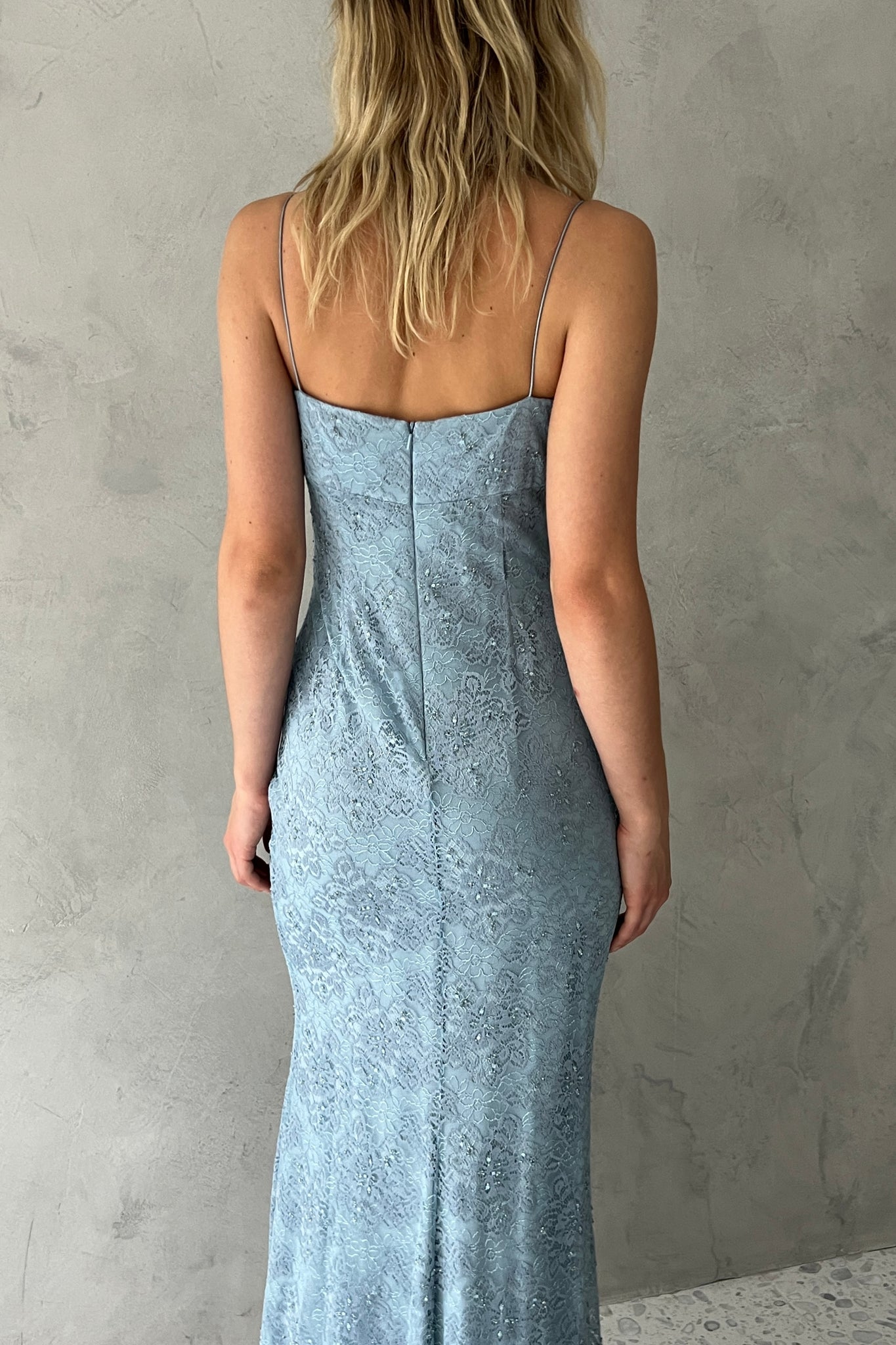 Blue Beaded Lace Column Dress