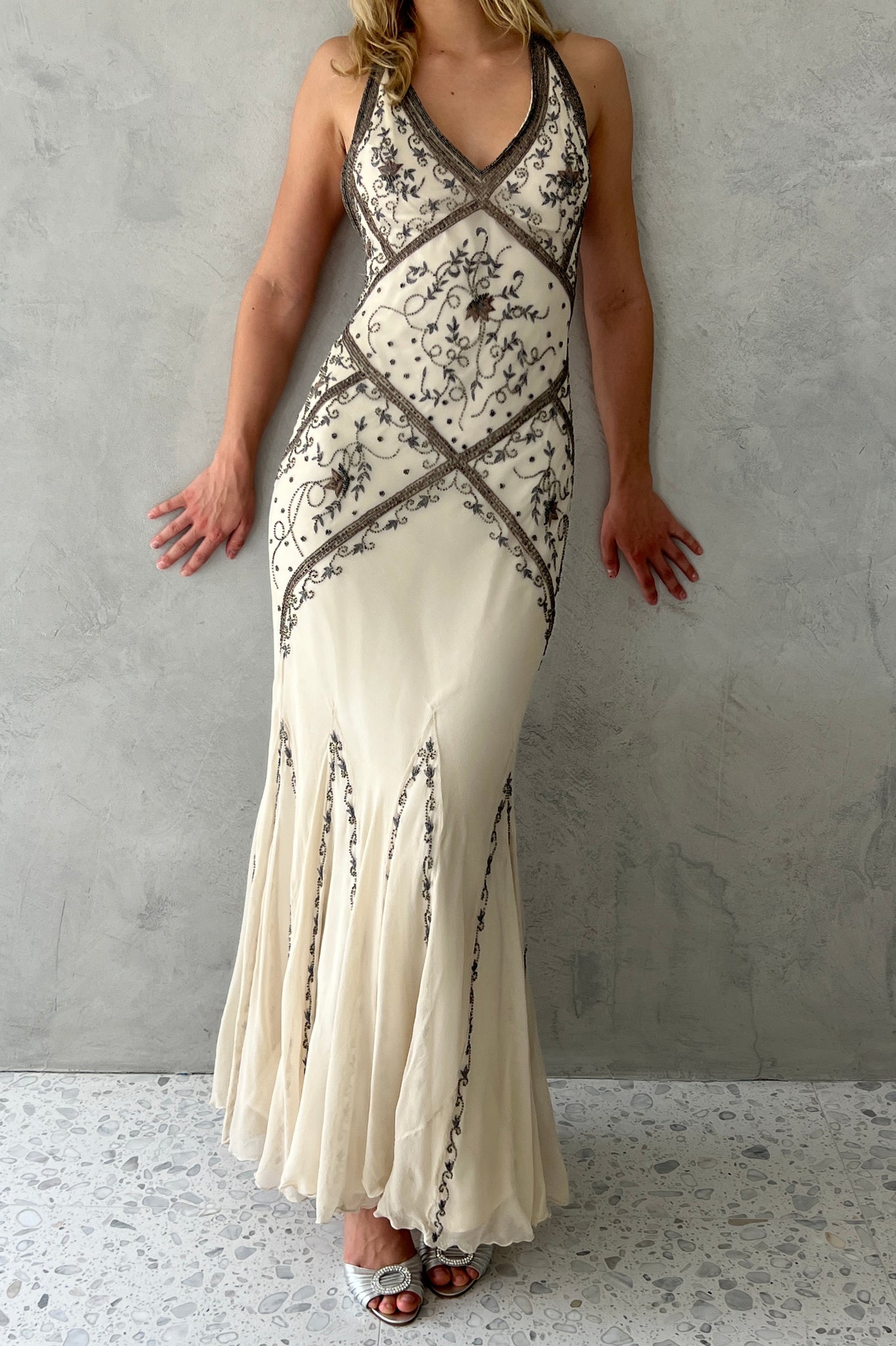 Cache Ivory Silk Chiffon Beaded Halter Gown