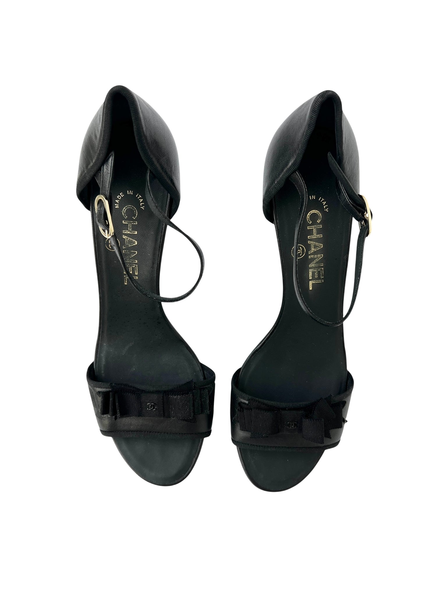 Chanel Black Leather Grosgrain Bow Heeled Sandals - 40.5