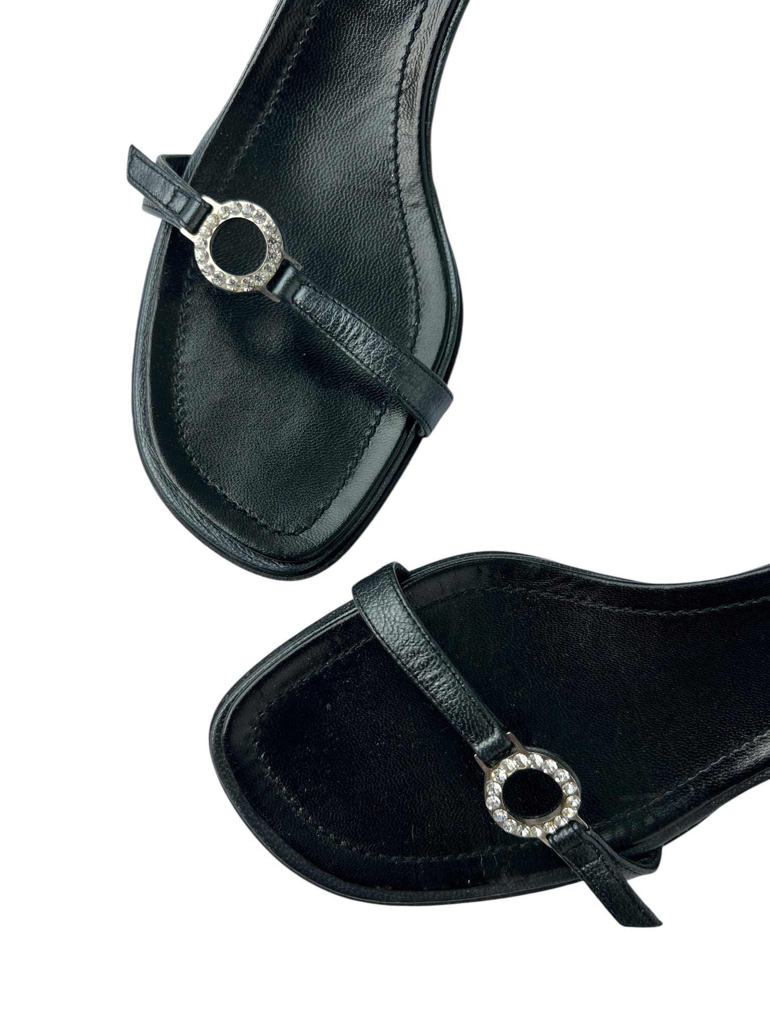Casadei Black Leather Rhinestone Heeled Slingback Sandals - 7