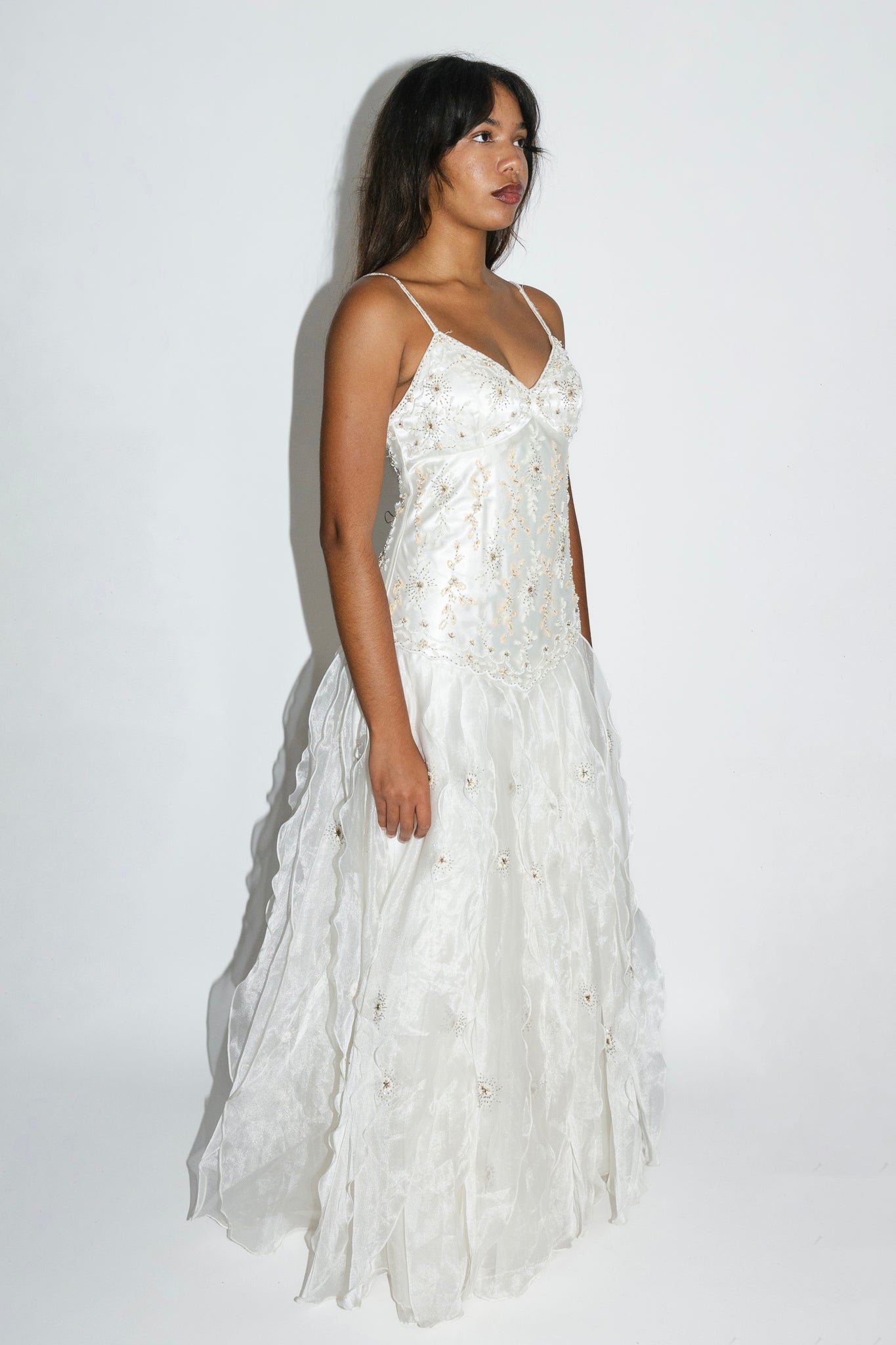 Sue Wong White Beaded Organza Ruffle Gown