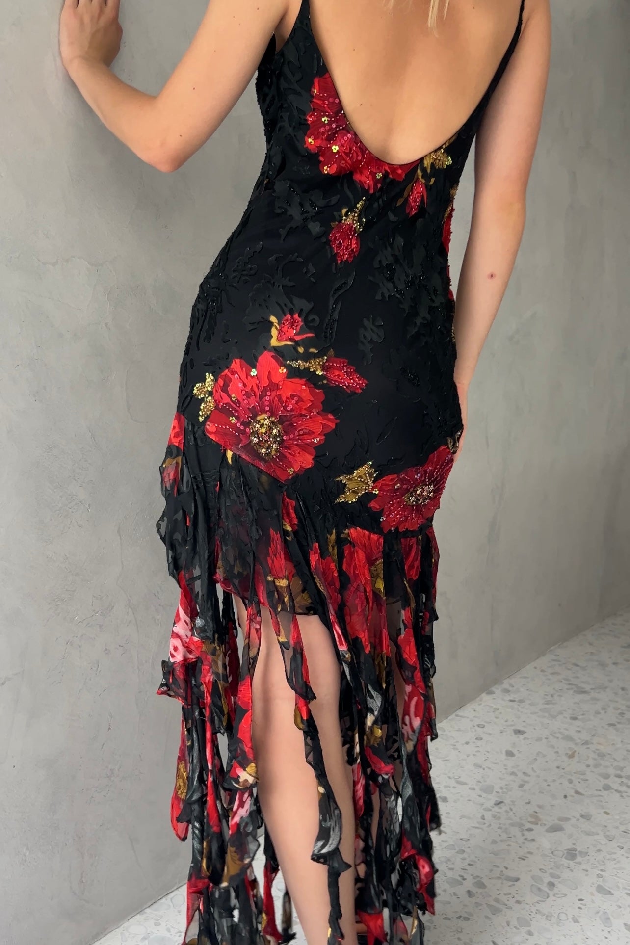 Sue Wong Black Floral Silk Devoré Fringe Beaded Dressi
