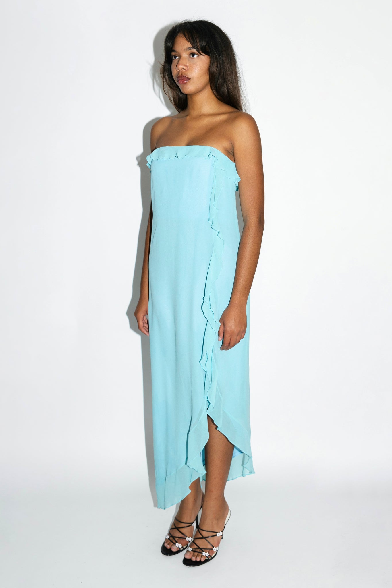 Blue Silk Chiffon Strapless Ruffle Dress