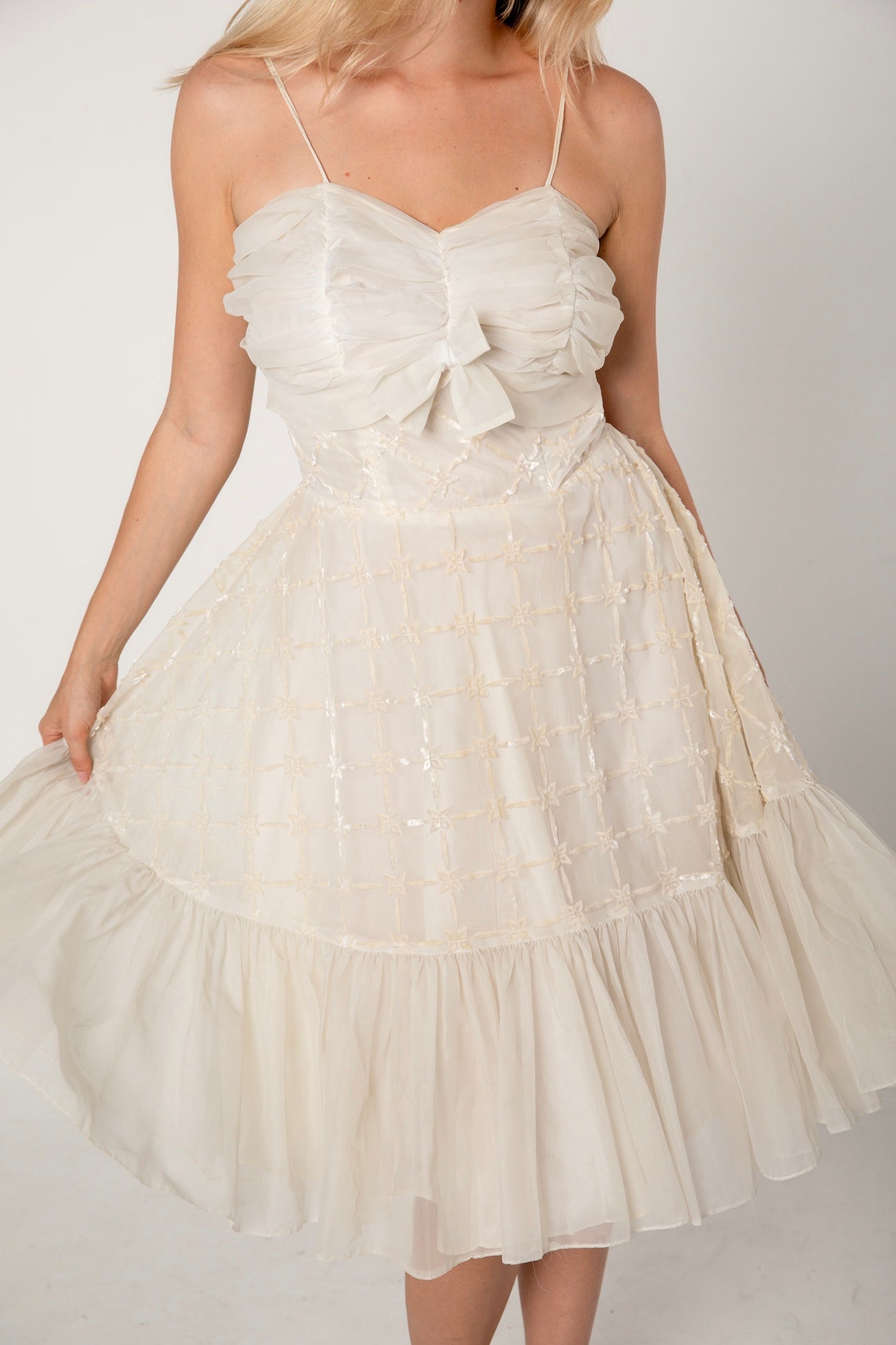 1950s Ivory Burnout Organza Cocktail Dress