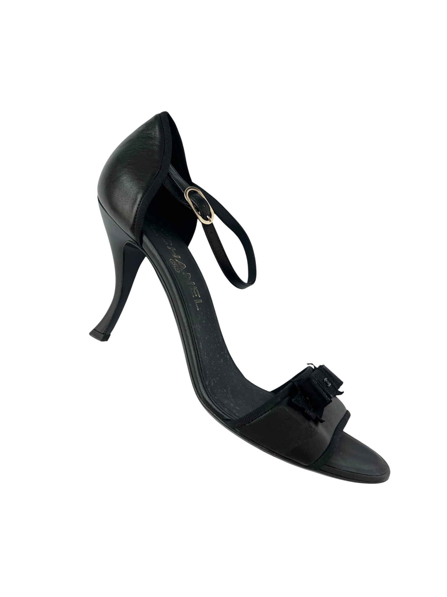 Chanel Black Leather Grosgrain Bow Heeled Sandals - 40.5