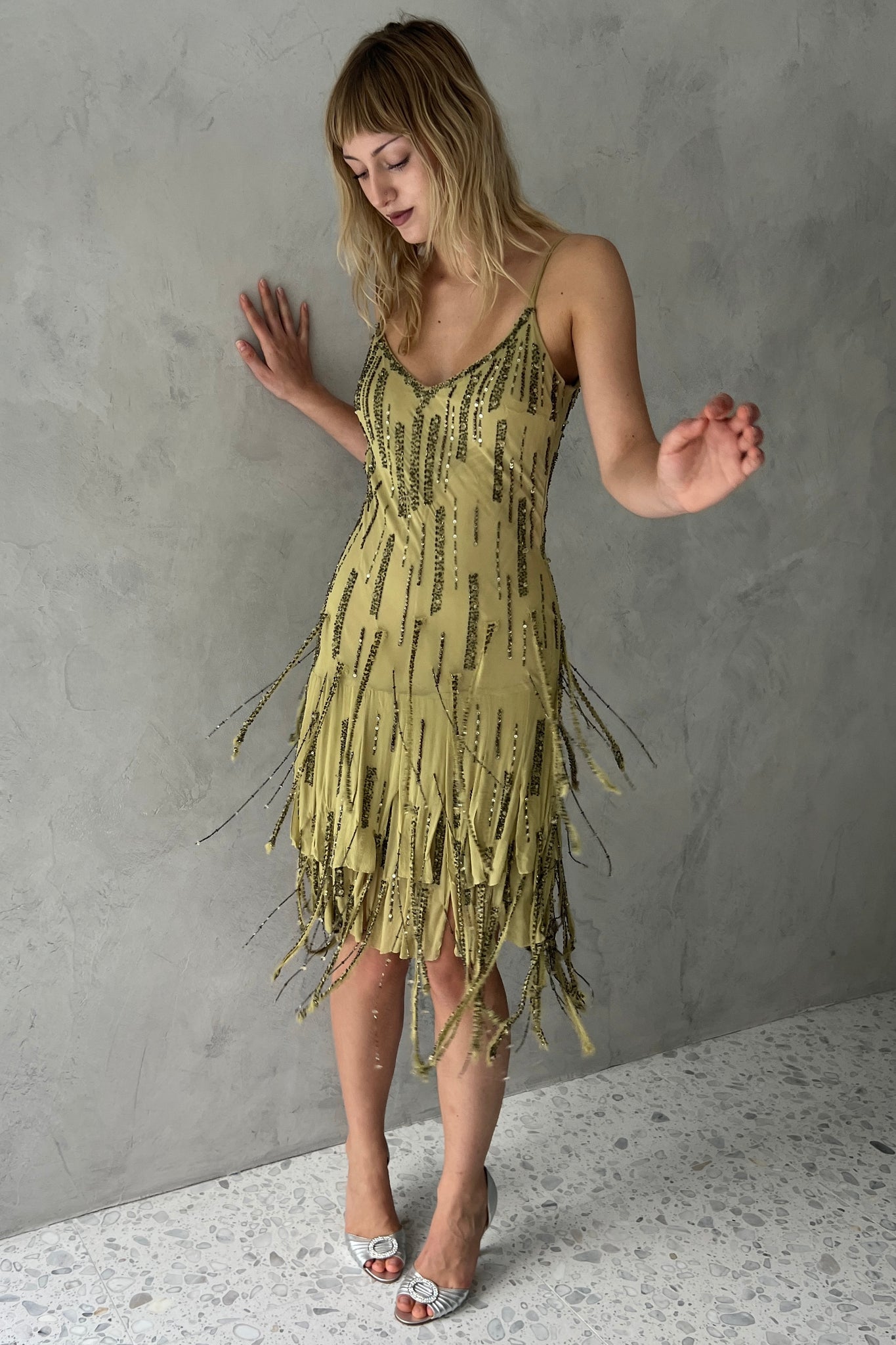 Sue Wong Green Silk Fringe Beaded Dress