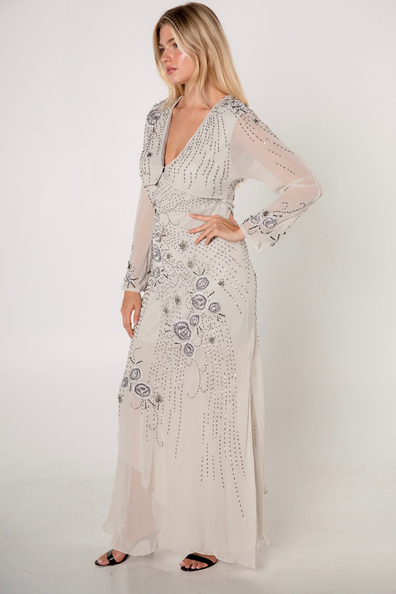Sue Wong Grey Silk Beaded Dress