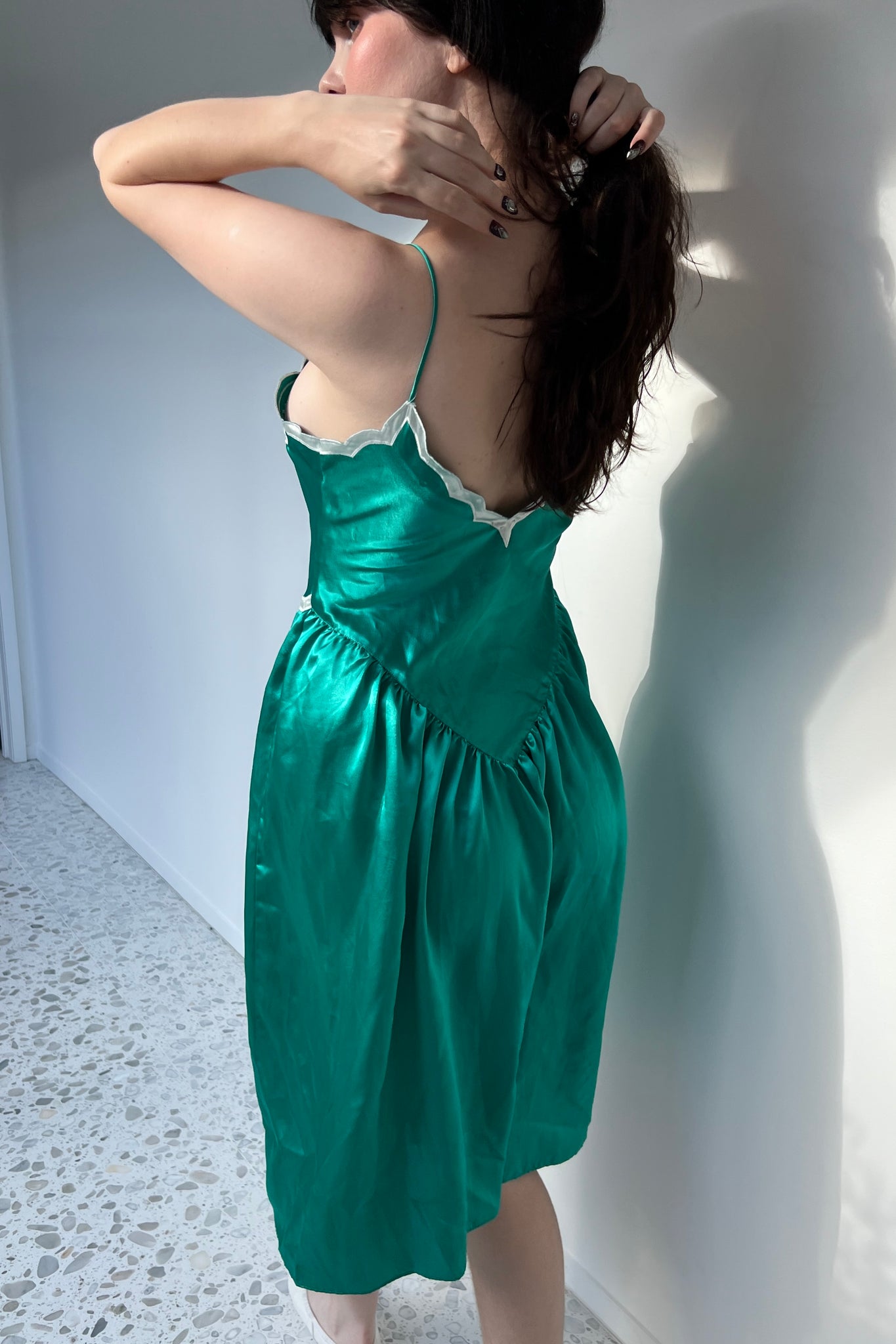 1980s Victoria’s Secret Green Satin Scallop Nightgown