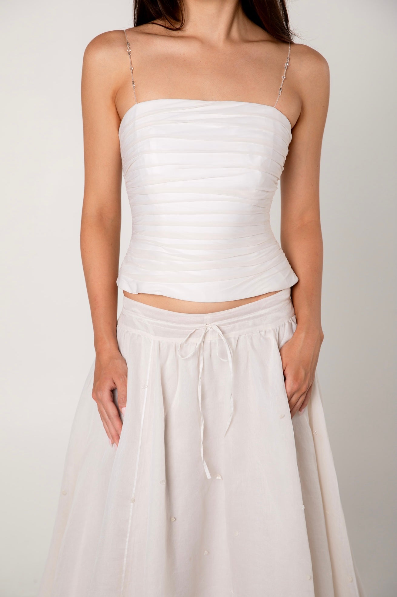 White Ruched Silk Chiffon Bodice