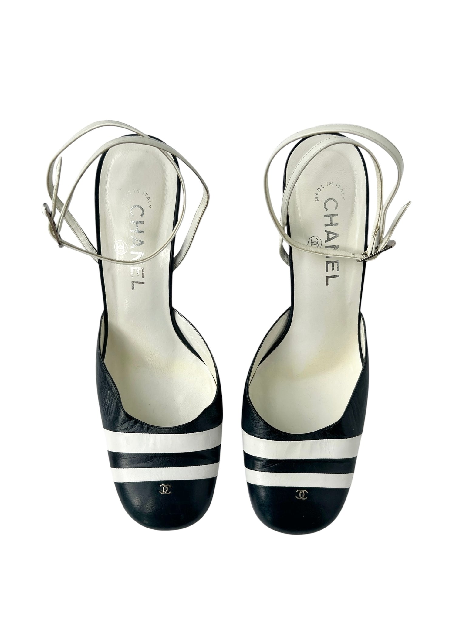 Chanel Navy & White Stripe Ankle Strap Heels - 40
