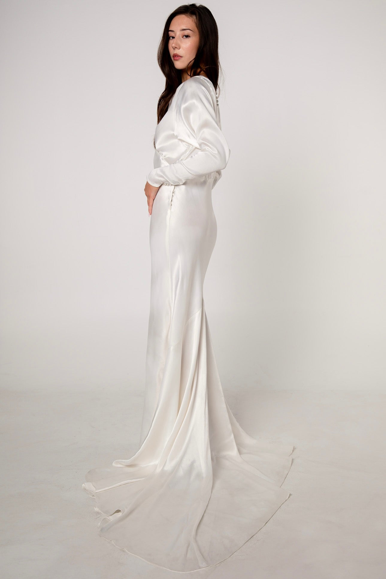 1930s White Satin Long Sleeve Wedding Gown