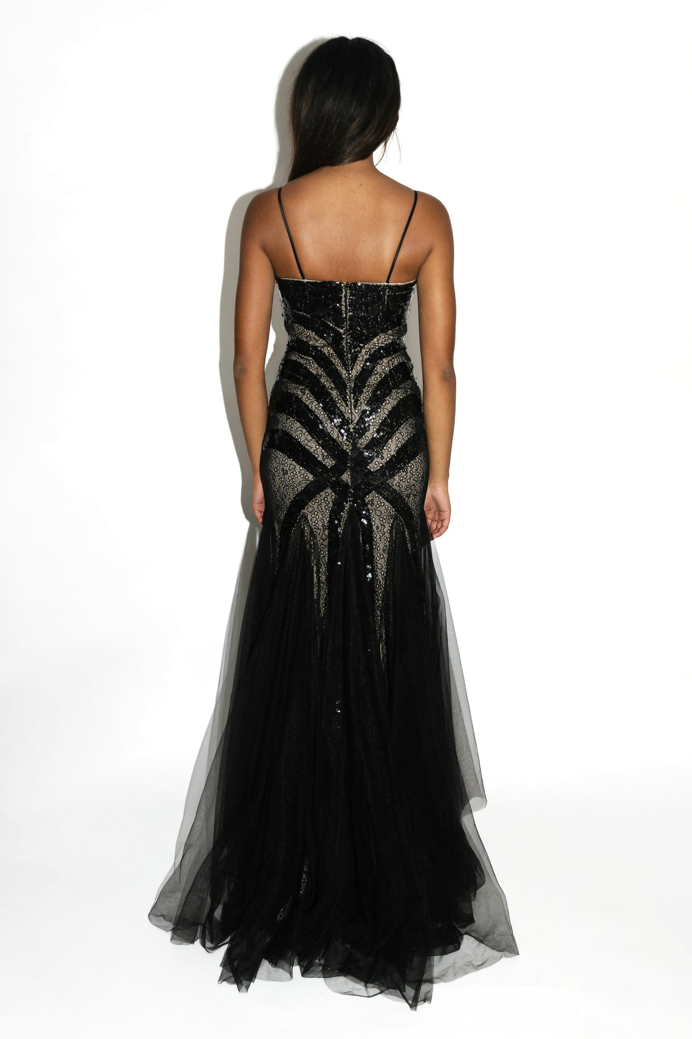 Black Paneled Spiderweb Sequin Tulle Gown