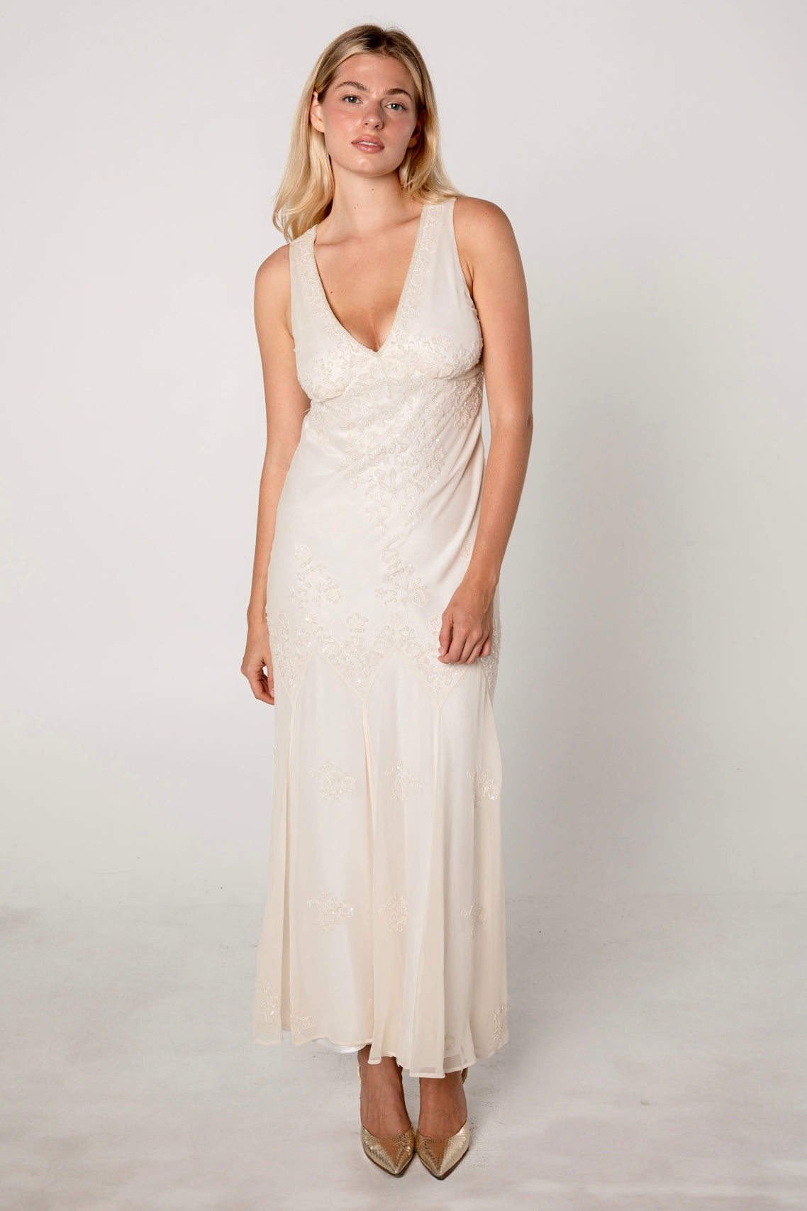 Ivory Silk Chiffon Beaded Gown