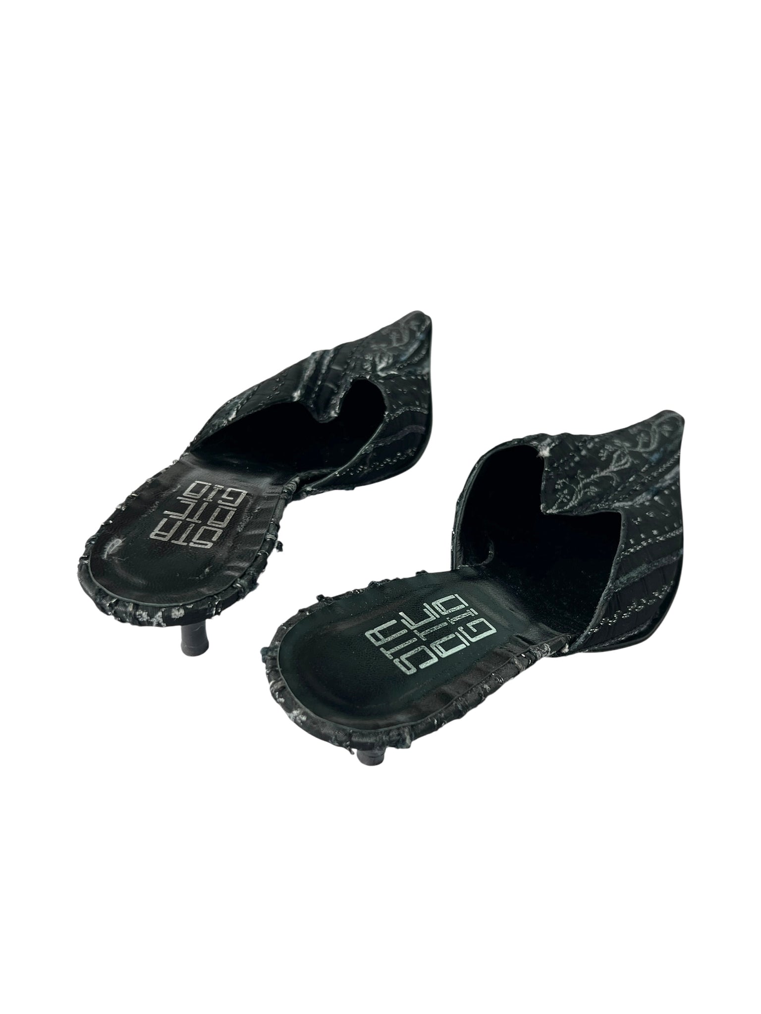 Black Brocade Pointed Toe Kitten Heel Mules - 36