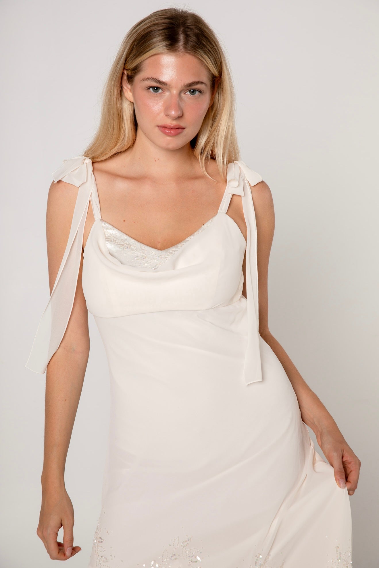 Ivory Chiffon Cowl Neck Beaded Gown